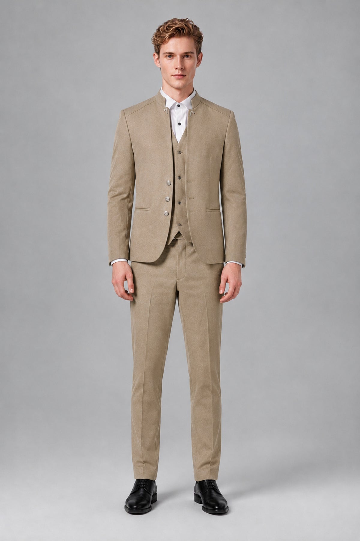 Bolodoo Men's Khaki Mandarin Collar 3-Piece Suit – Jacket, Vest & Trousers - Khaki - Khaki_2