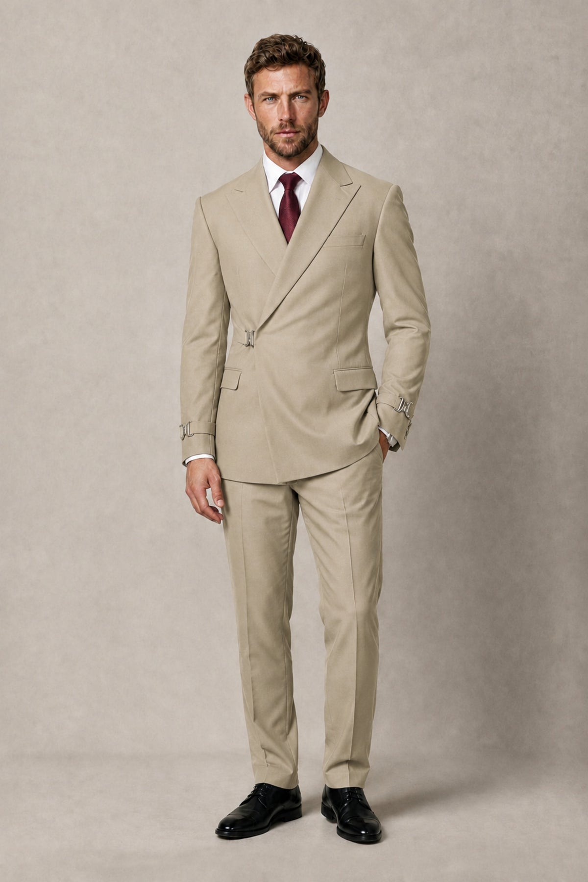 BOLODOO Men's Khaki Double-Breasted 2-Piece Suit Set – Blazer & Tailored Trousers - Khaki