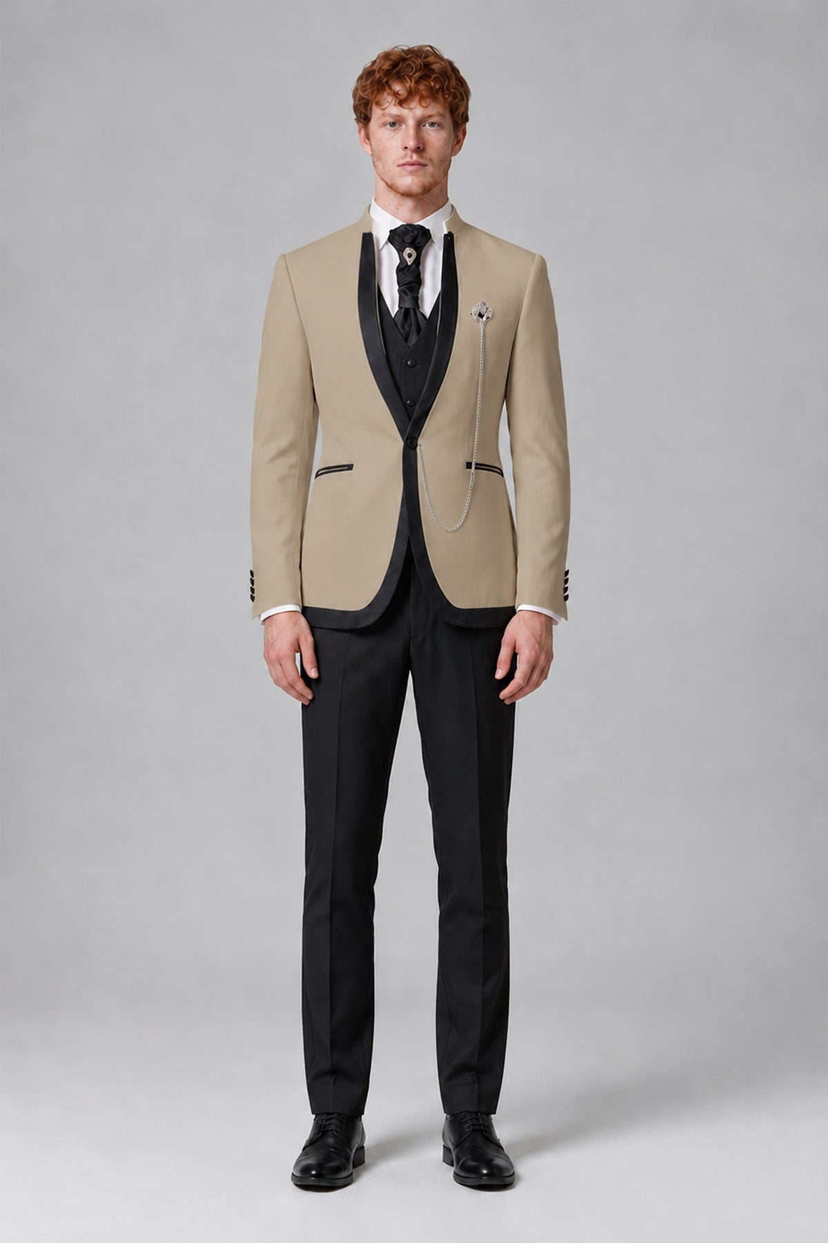 Bolodoo Men's Khaki 3-Piece Shawl Lapel Tuxedo Suit with Vest - Khaki - Khaki_2