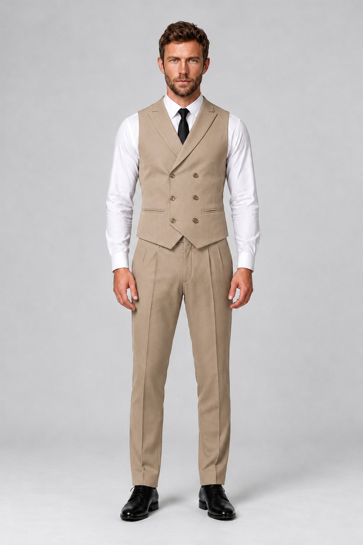 Bolodoo Men's Khaki Double-Breasted Vest and Pants 2-Piece Suit - Khaki - Khaki_2