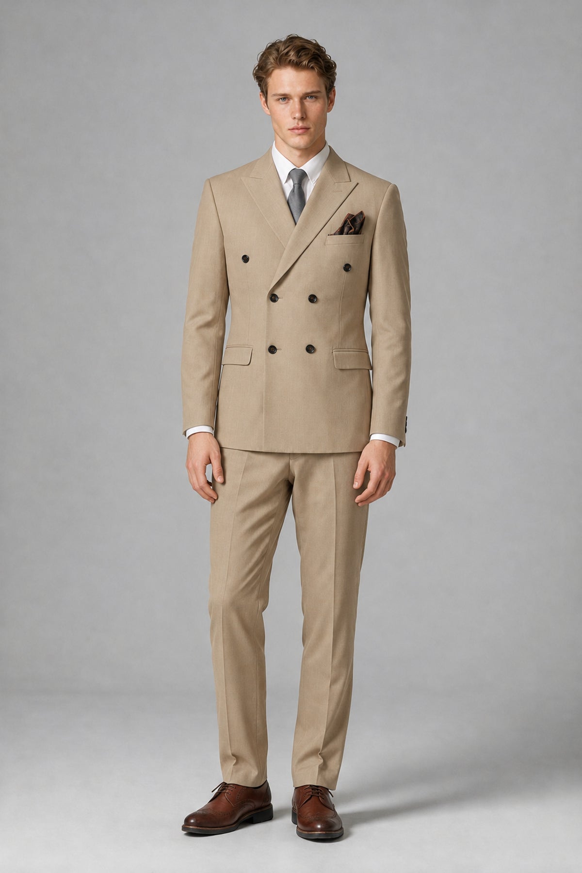 Bolodoo Men's Khaki Double-Breasted Two-Piece Suit with Peak Lapels - Khaki - Khaki_2