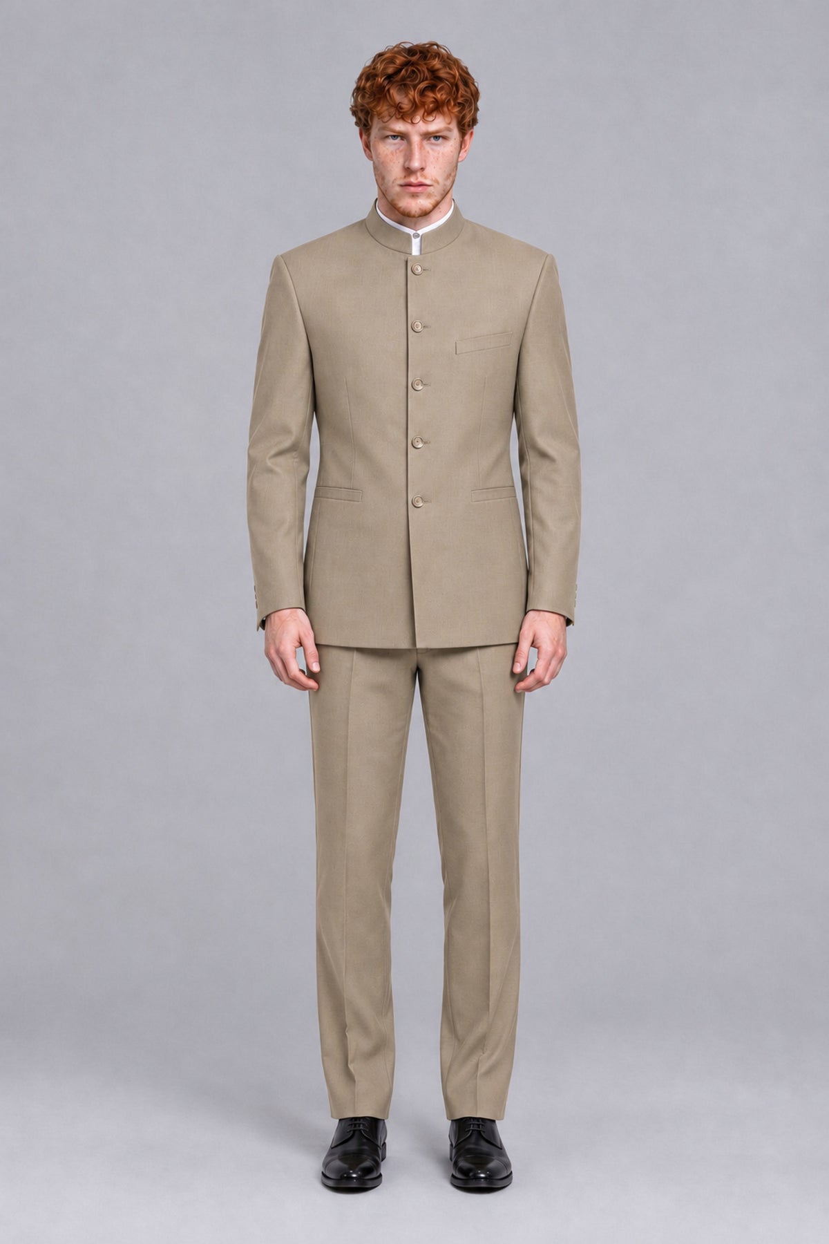 BOLODOO Men's Khaki Mandarin Collar Two-Piece Suit - Khaki - Khaki_2