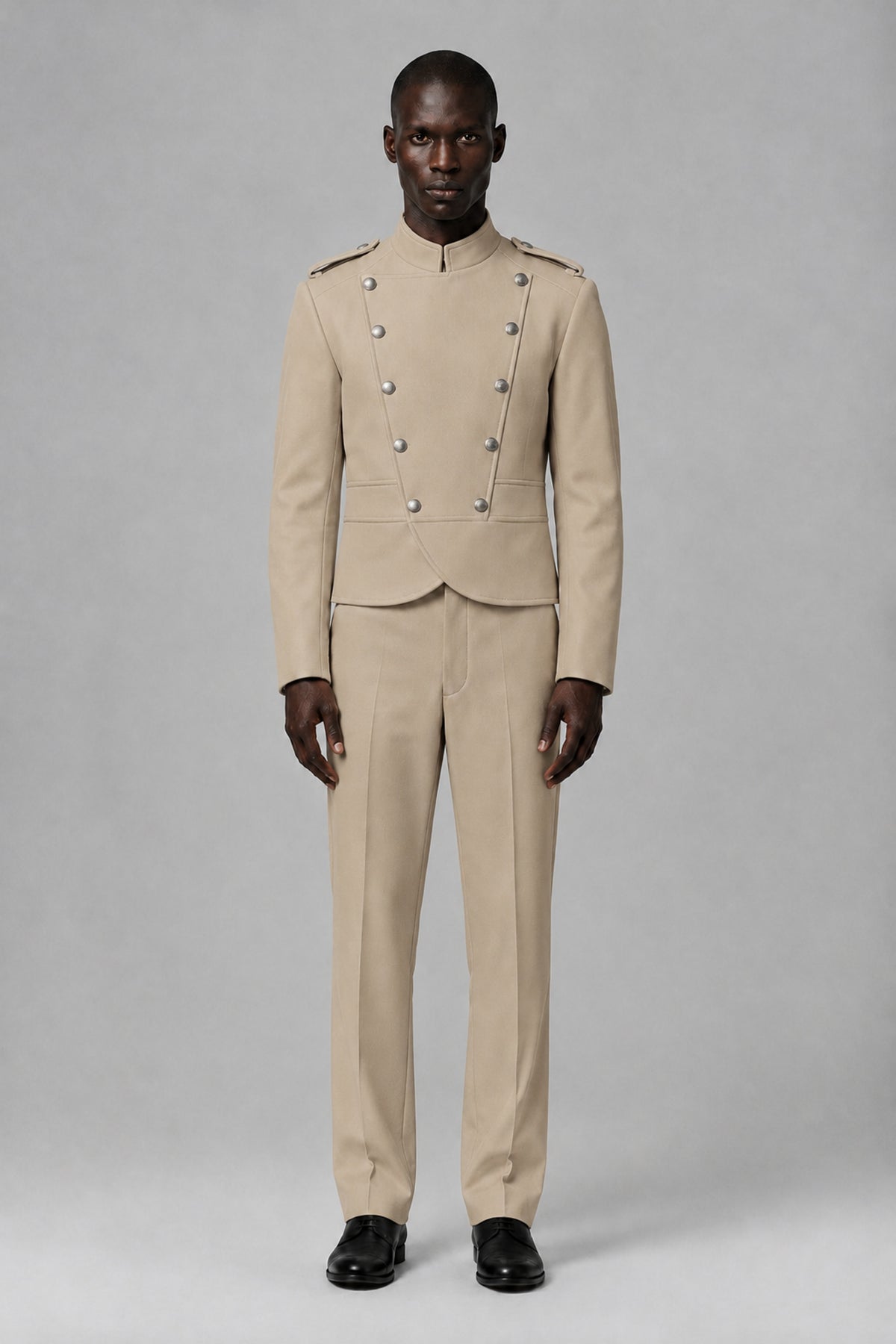 Bolodoo Men's Khaki Military-Inspired Two-Piece Suit with Stand Collar - Khaki - Khaki_2