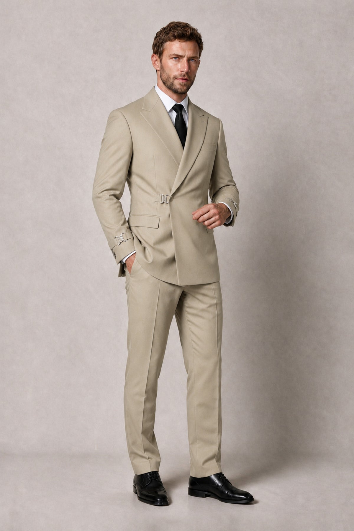 BOLODOO Men's Khaki Double-Breasted 2-Piece Suit Set – Blazer & Tailored Trousers - Khaki