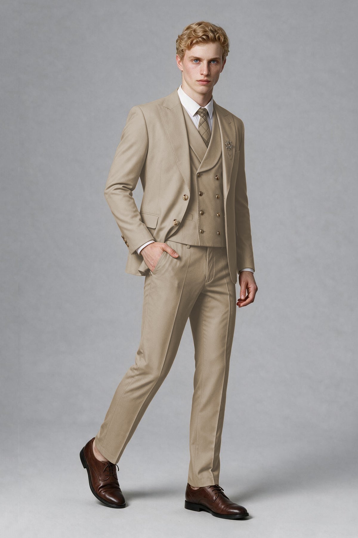 BOLODOO Men's Khaki Two-Piece Wedding Suit – Jacket & Trousers - Khaki
