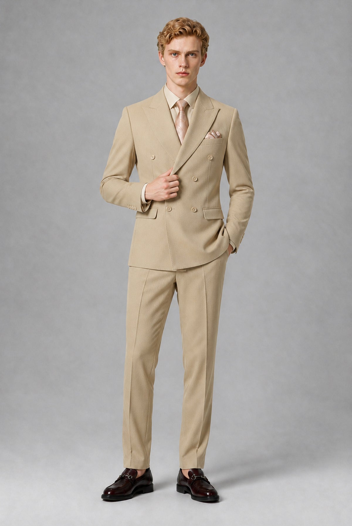 BOLODOO Men's Khaki Double-Breasted Two-Piece Suit – Jacket & Trousers - Khaki