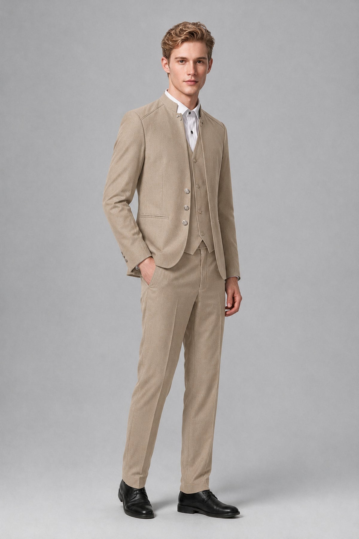 Bolodoo Men's Khaki Mandarin Collar 3-Piece Suit – Jacket, Vest & Trousers - Khaki - Khaki_4