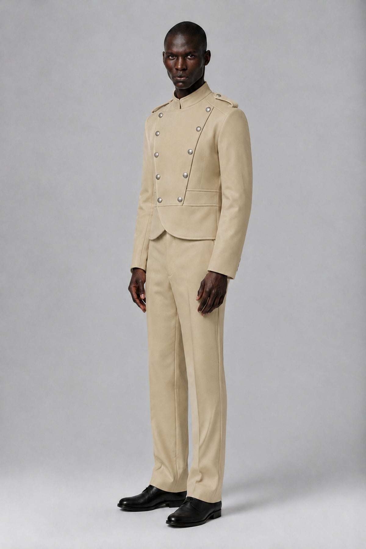 Bolodoo Men's Khaki Military-Inspired Two-Piece Suit with Stand Collar - Khaki - Khaki_4