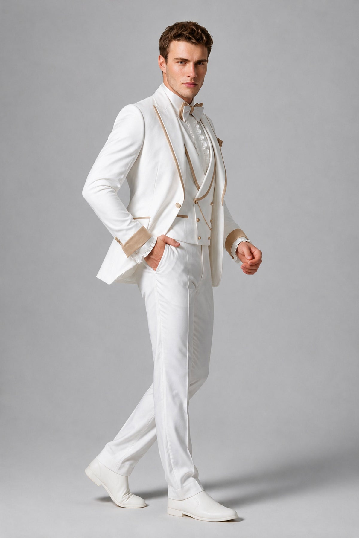 Bolodoo Men's White and Khaki Three-Piece Wedding Tuxedo Suit - Khaki - Khaki_4