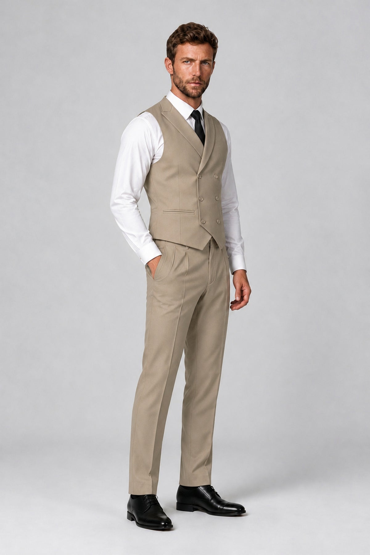 Bolodoo Men's Khaki Double-Breasted Vest and Pants 2-Piece Suit - Khaki - Khaki_4
