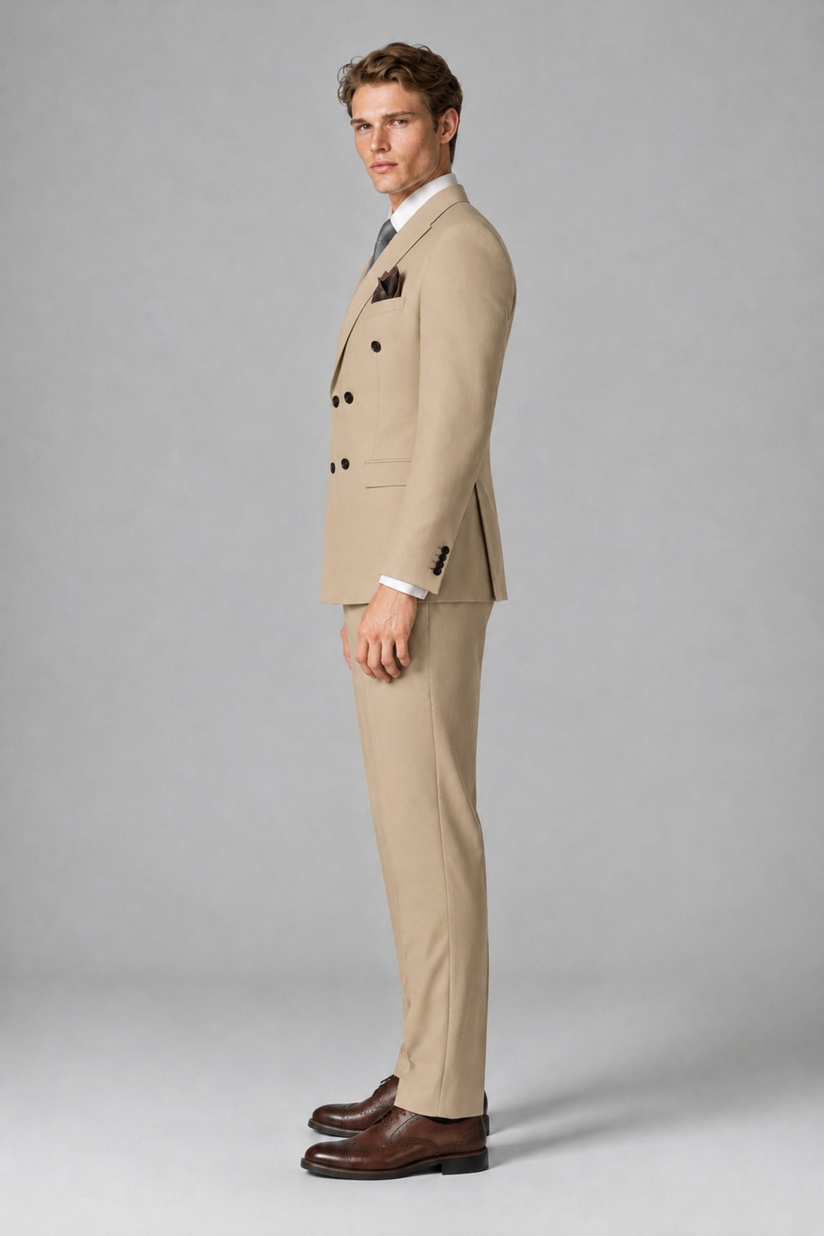 Bolodoo Men's Khaki Double-Breasted Two-Piece Suit with Peak Lapels - Khaki - Khaki_4