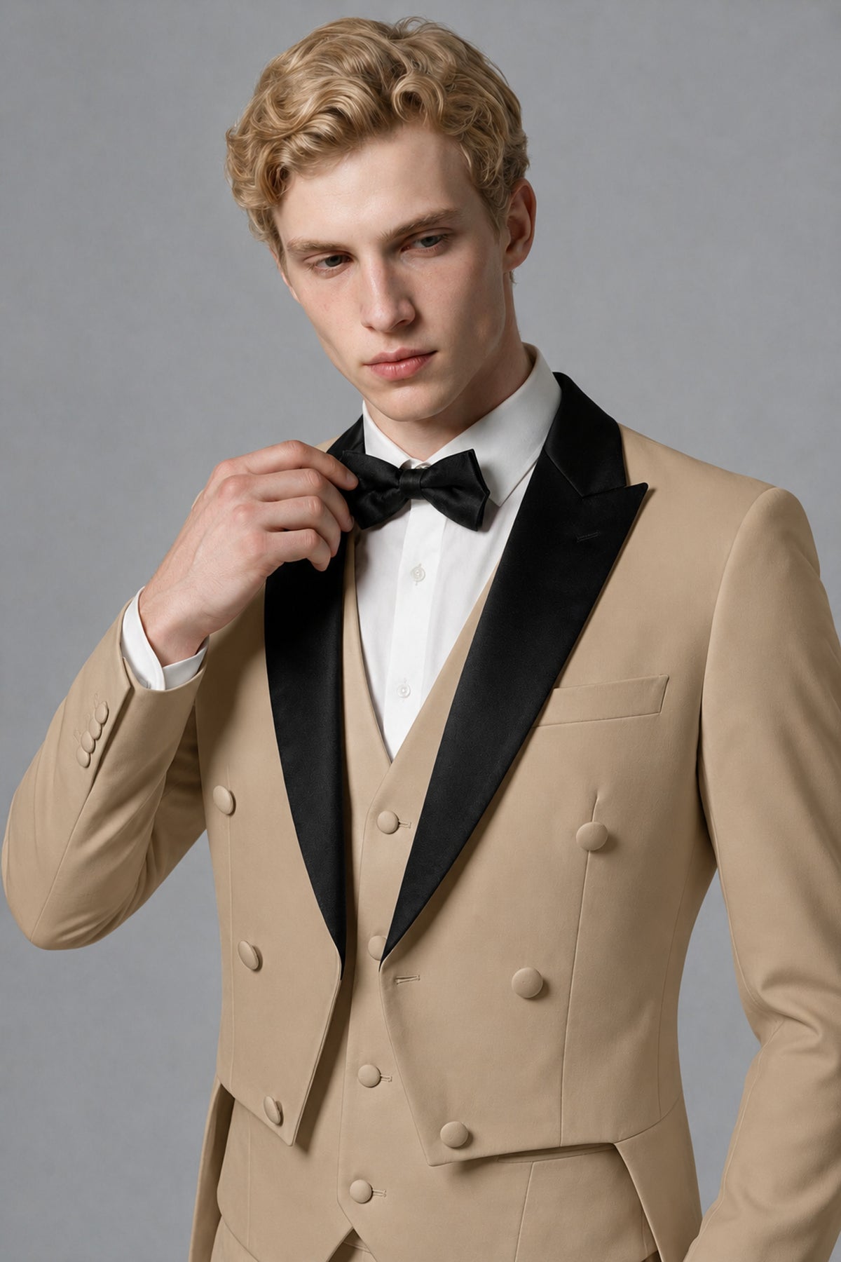 Bolodoo Men's Khaki 3-Piece Tailcoat Tuxedo Suit with Vest & Trousers - Khaki - Khaki_4