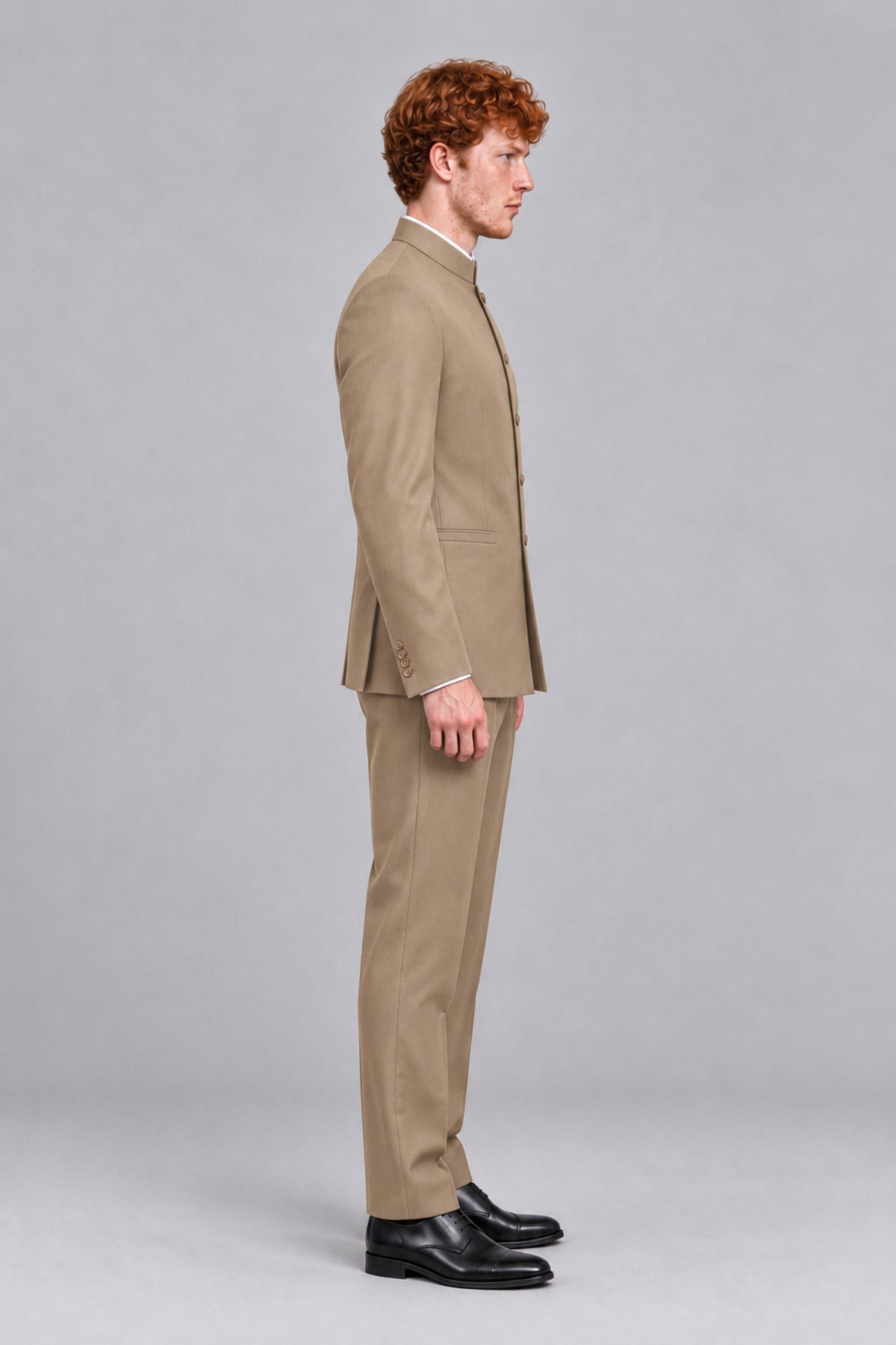 BOLODOO Men's Khaki Mandarin Collar Two-Piece Suit - Khaki - Khaki_4