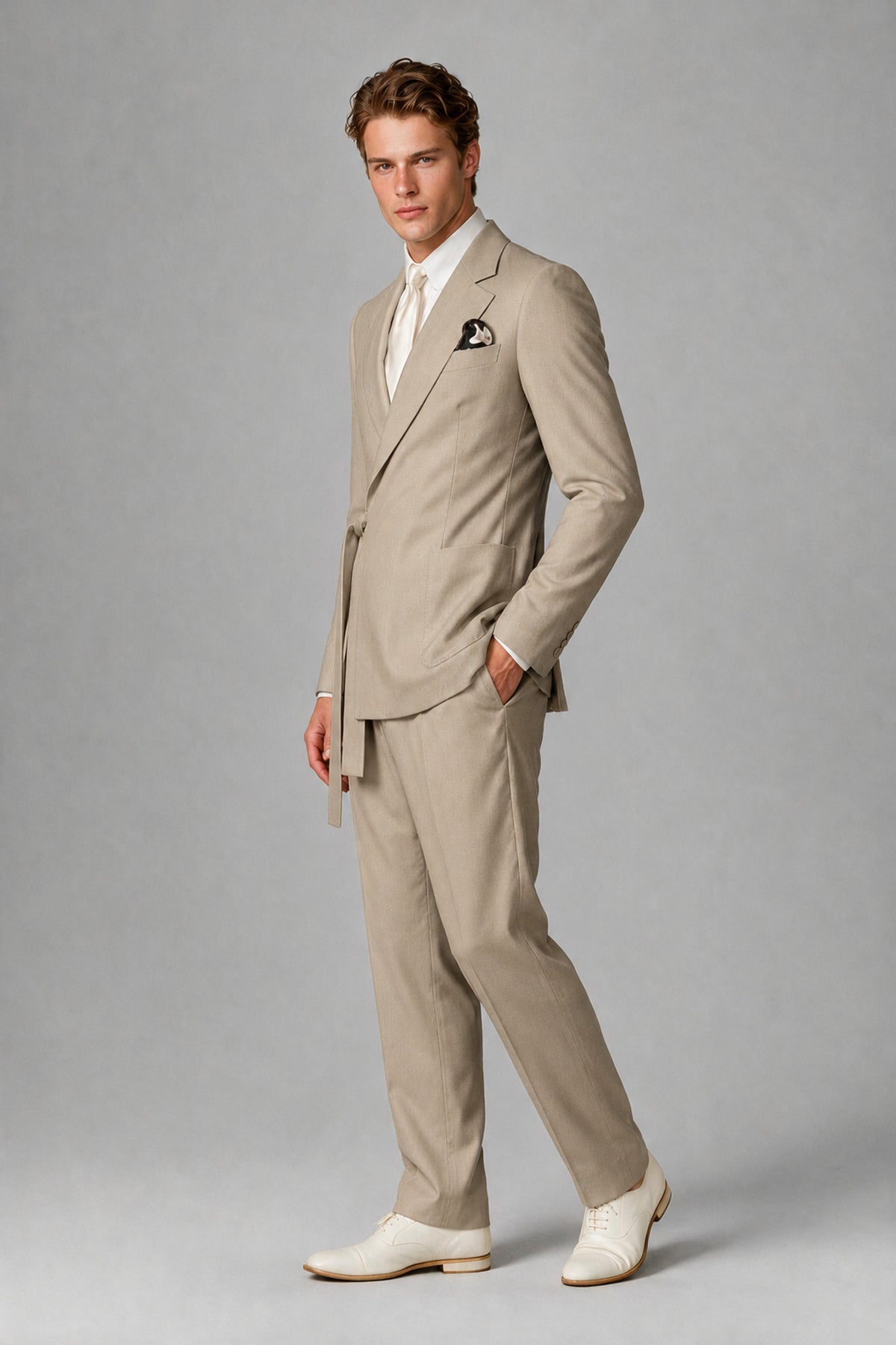 Bolodoo Men's Khaki Wrap Tie-Waist Two-Piece Suit – Jacket & Trousers - Khaki - Khaki_4
