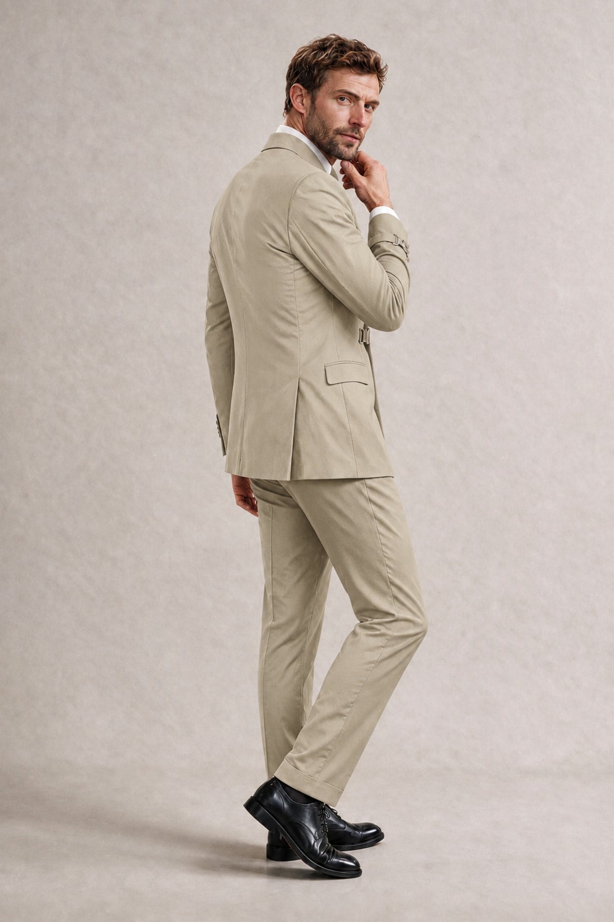 BOLODOO Men's Khaki Double-Breasted 2-Piece Suit Set – Blazer & Tailored Trousers - Khaki