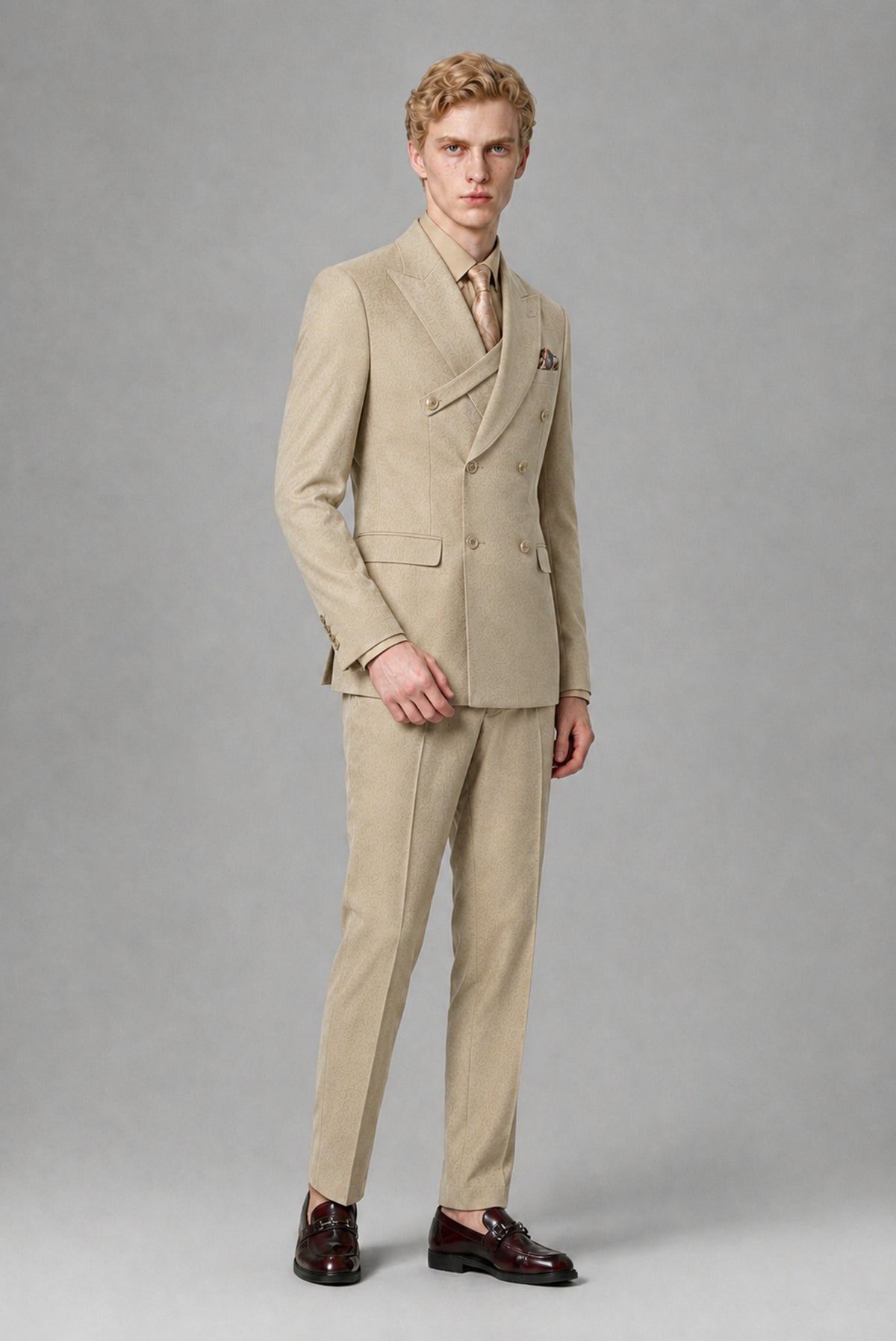 BOLODOO Men's Khaki Double-Breasted Two-Piece Suit – Jacket & Trousers - Khaki