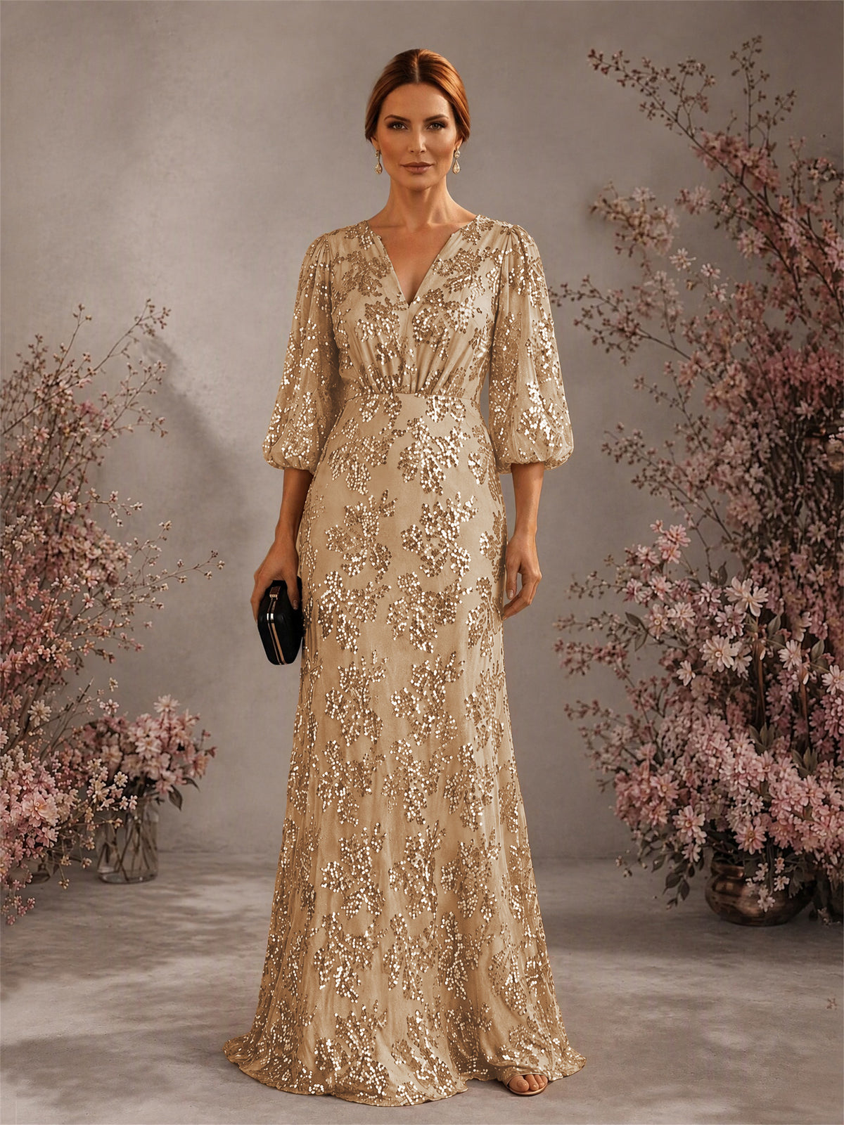 BOLODOO Khaki V-Neck Lantern Sleeve All-Over Sequin Floral Embroidered Mermaid Gown - Khaki
