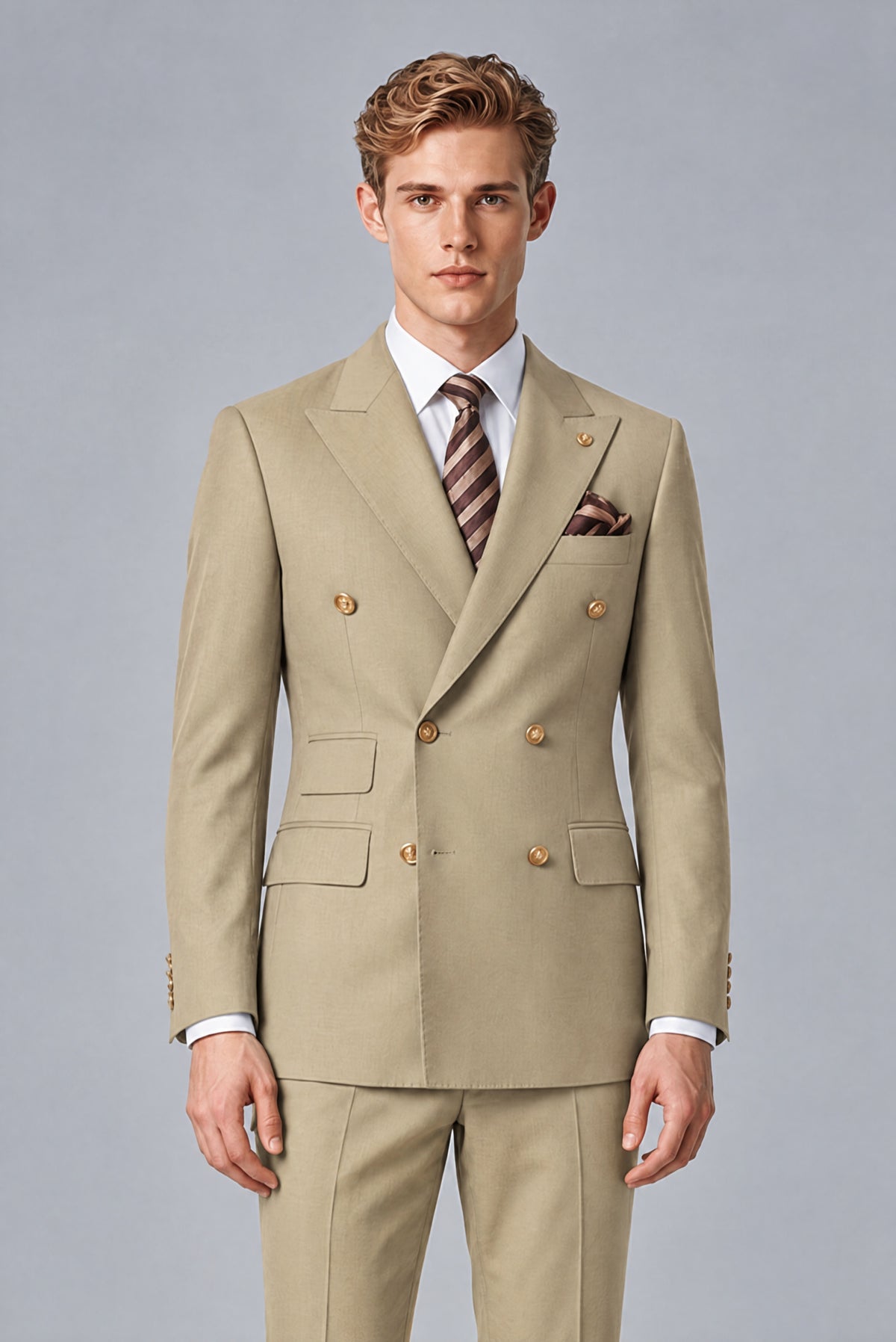 Bolodoo Men's Khaki Double-Breasted 2-Piece Wedding Suit - Khaki - Khaki (1)