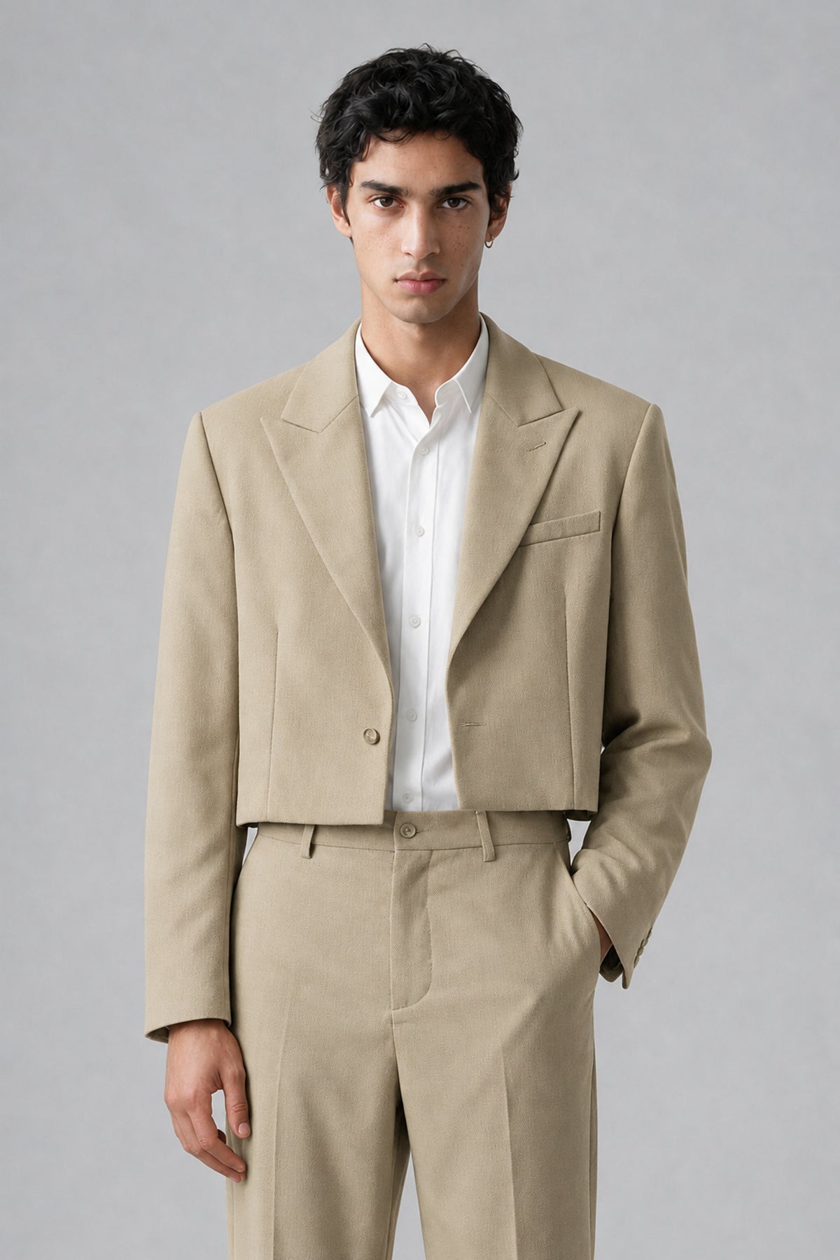 Bolodoo Men's Khaki Cropped Blazer & Wide-Leg Trousers 2-Piece Suit - Khaki - Khaki (1)