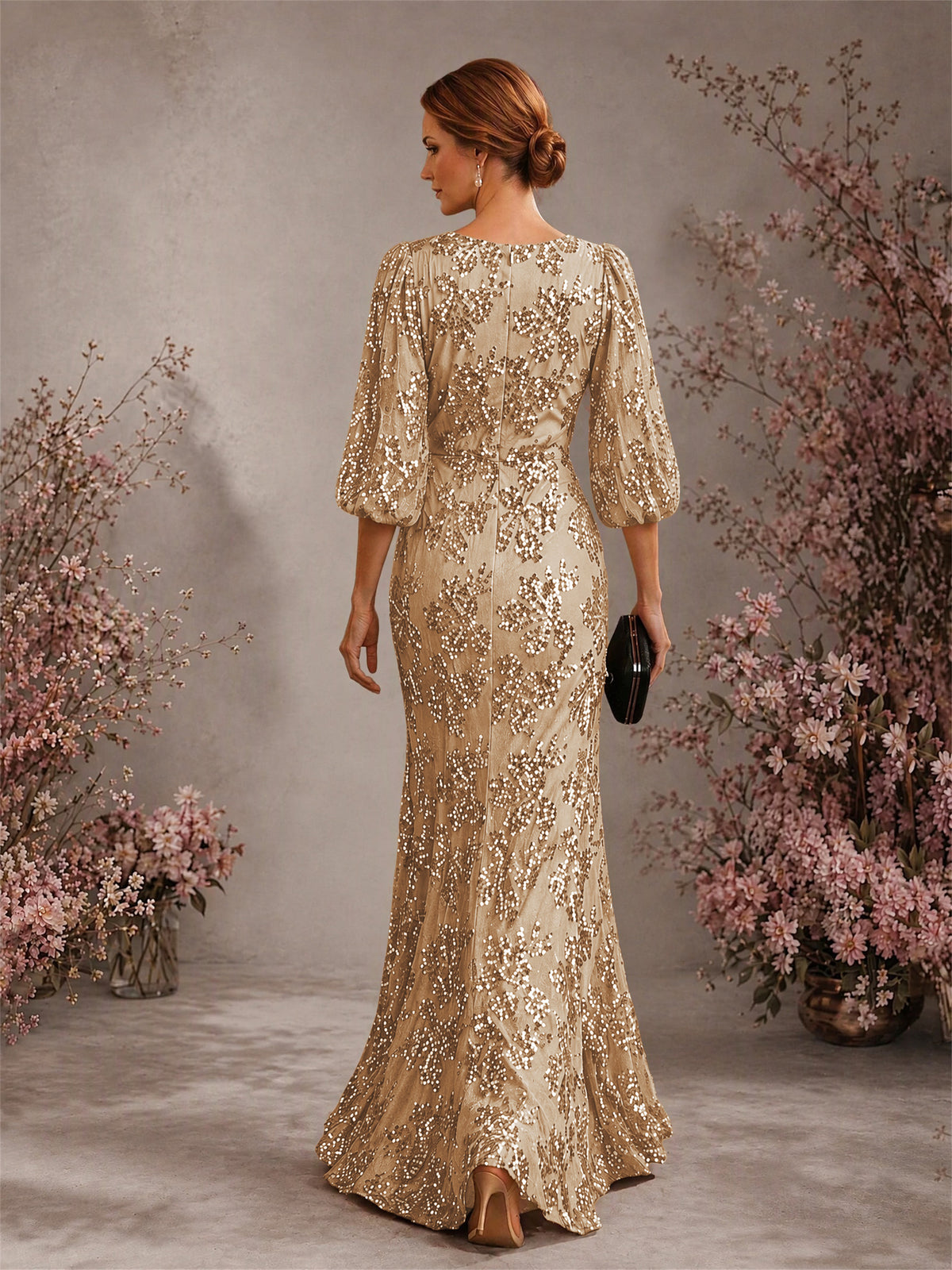 BOLODOO Khaki V-Neck Lantern Sleeve All-Over Sequin Floral Embroidered Mermaid Gown - Khaki