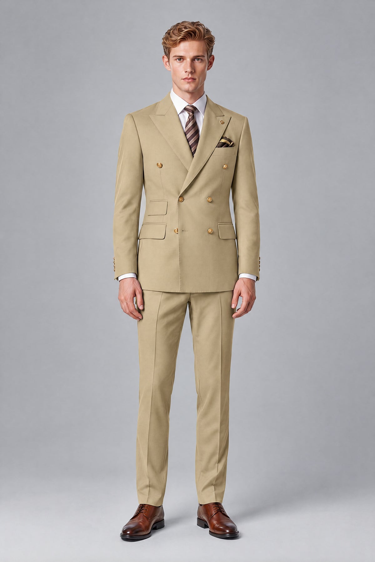 Bolodoo Men's Khaki Double-Breasted 2-Piece Wedding Suit - Khaki - Khaki (2)