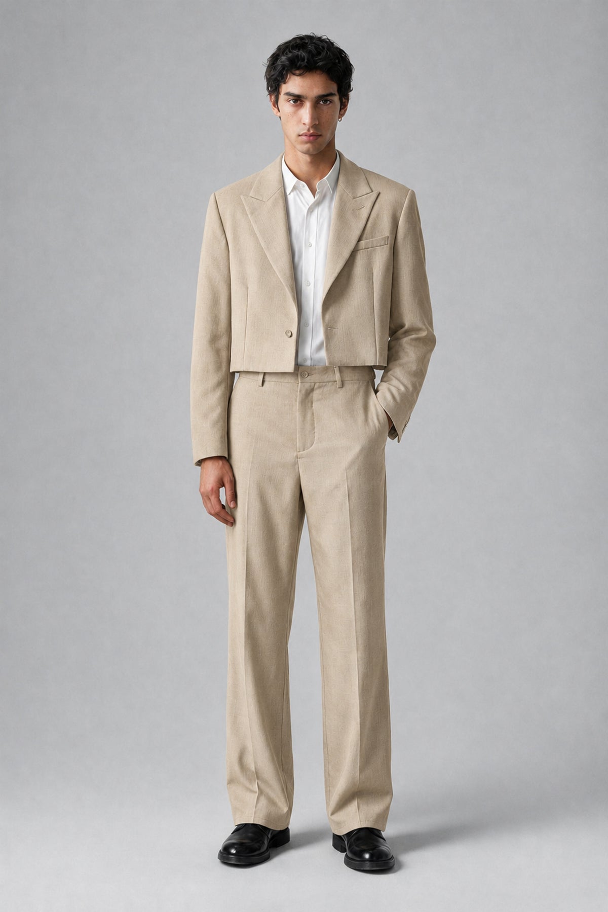 Bolodoo Men's Khaki Cropped Blazer & Wide-Leg Trousers 2-Piece Suit - Khaki - Khaki (2)