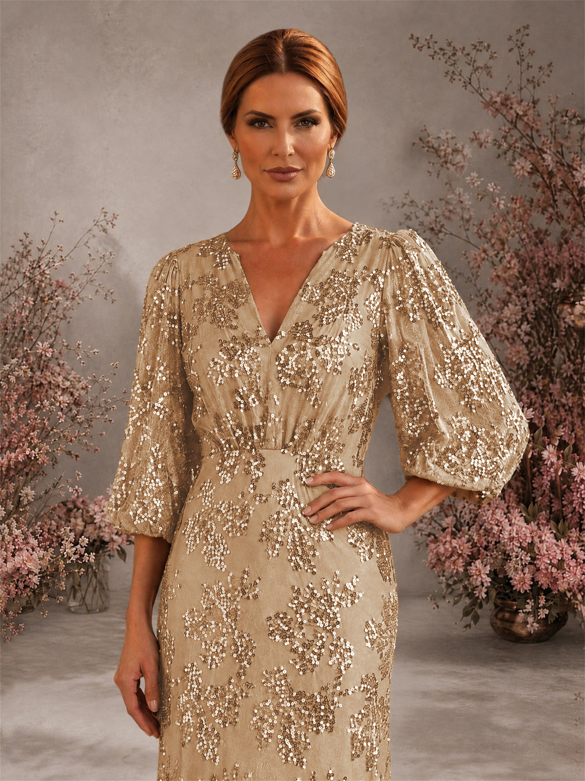 BOLODOO Khaki V-Neck Lantern Sleeve All-Over Sequin Floral Embroidered Mermaid Gown - Khaki
