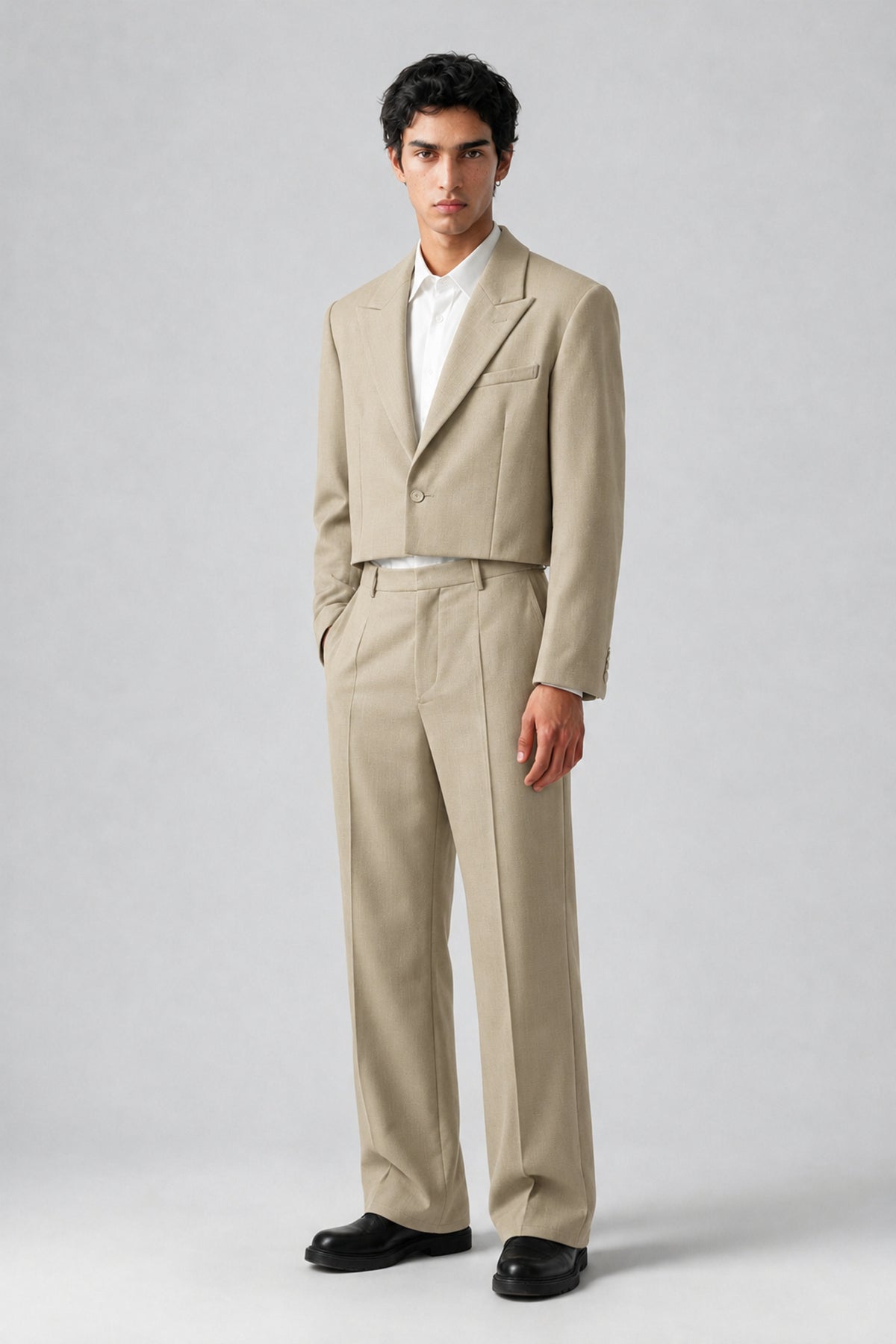 Bolodoo Men's Khaki Cropped Blazer & Wide-Leg Trousers 2-Piece Suit - Khaki - Khaki (3)