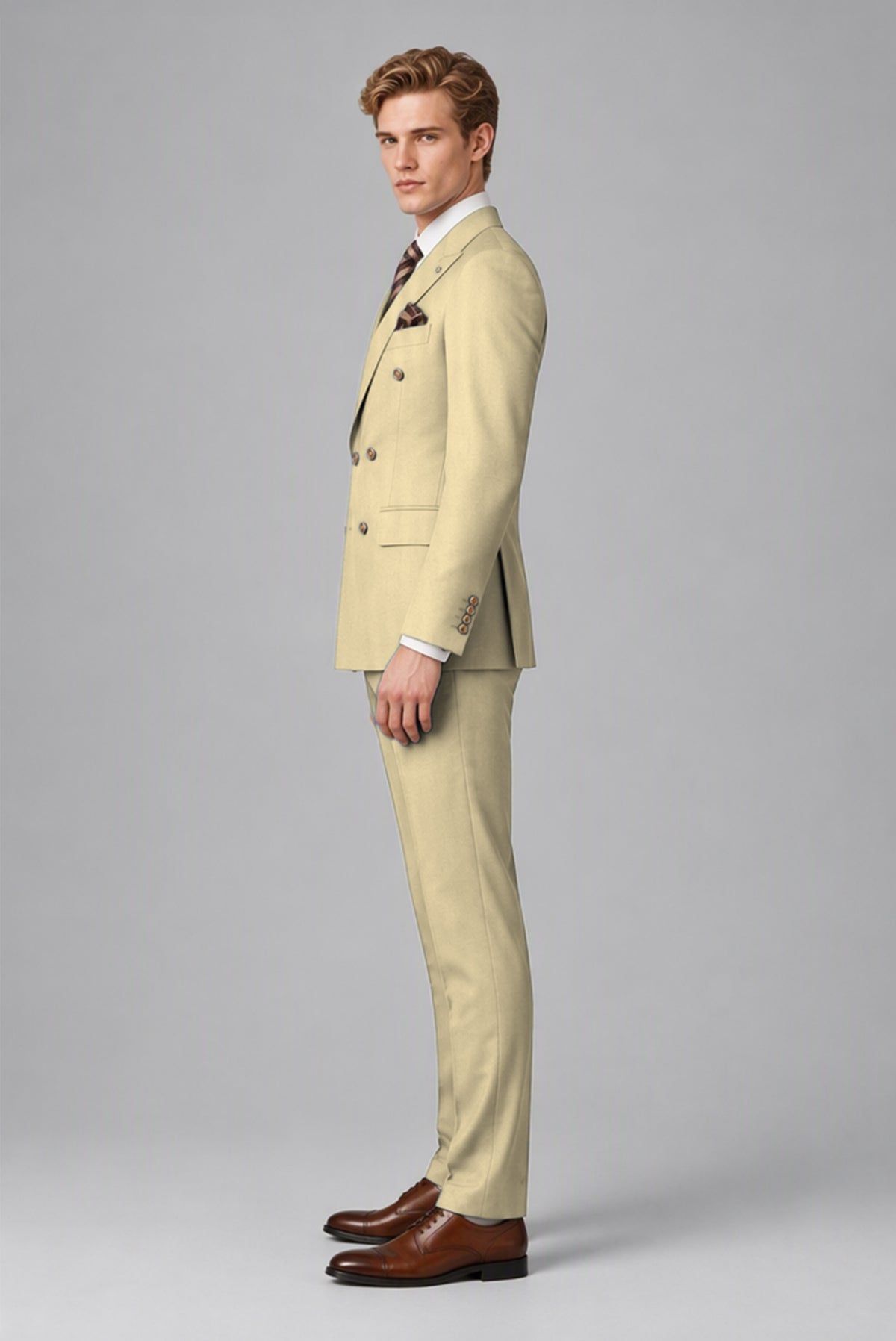 Bolodoo Men's Khaki Double-Breasted 2-Piece Wedding Suit - Khaki - Khaki (4)