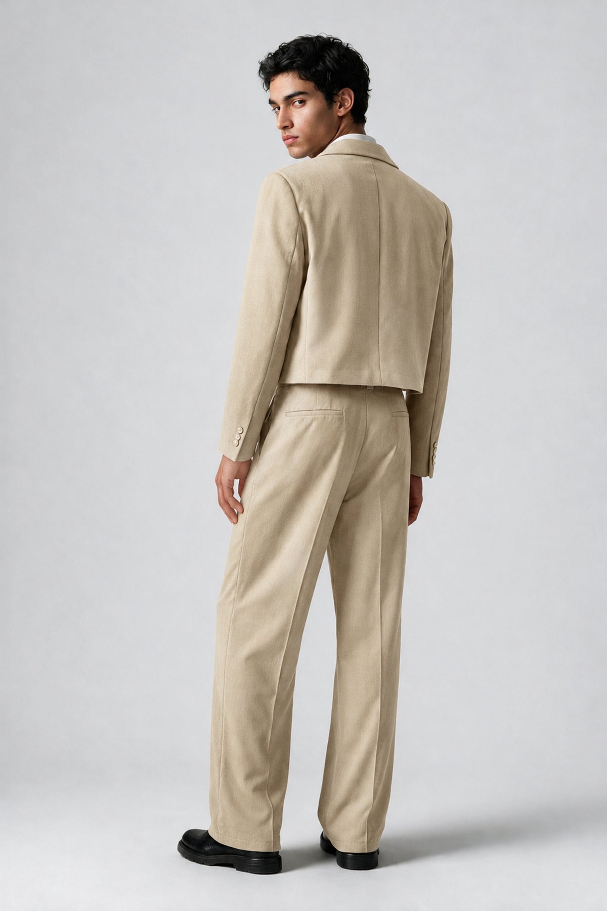 Bolodoo Men's Khaki Cropped Blazer & Wide-Leg Trousers 2-Piece Suit - Khaki - Khaki (4)