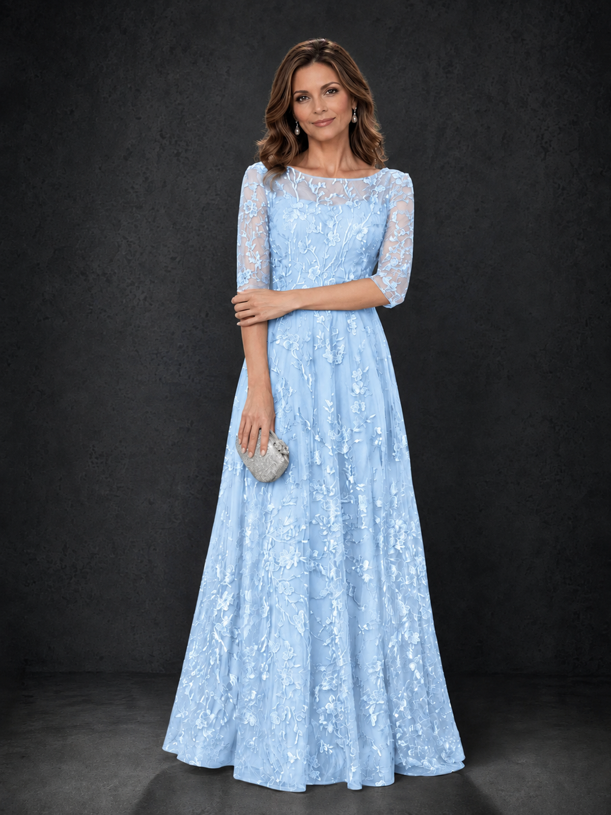 BOLODOO Wisteria LIght Blue Illusion Bateau Neck 3/4 Sleeve Floral Lace A-Line Mother of the Bride Dress MX007 - LIght Blue