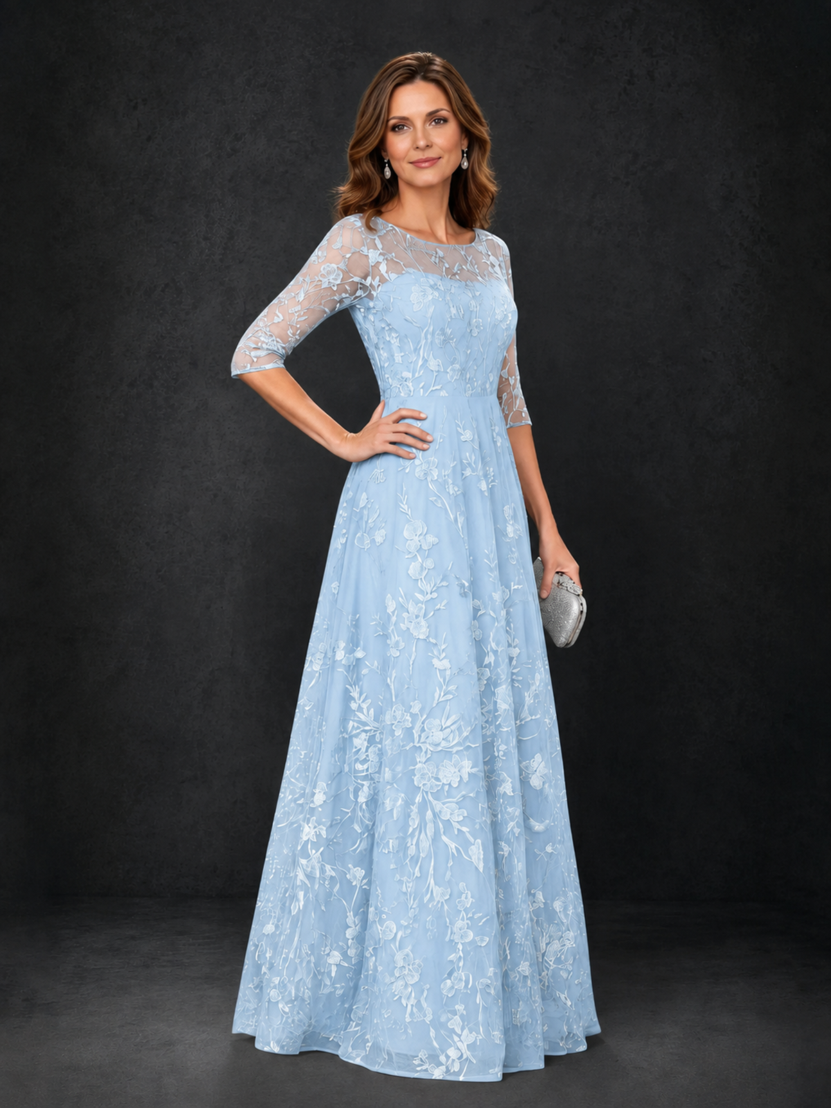 BOLODOO Wisteria LIght Blue Illusion Bateau Neck 3/4 Sleeve Floral Lace A-Line Mother of the Bride Dress MX007 - LIght Blue