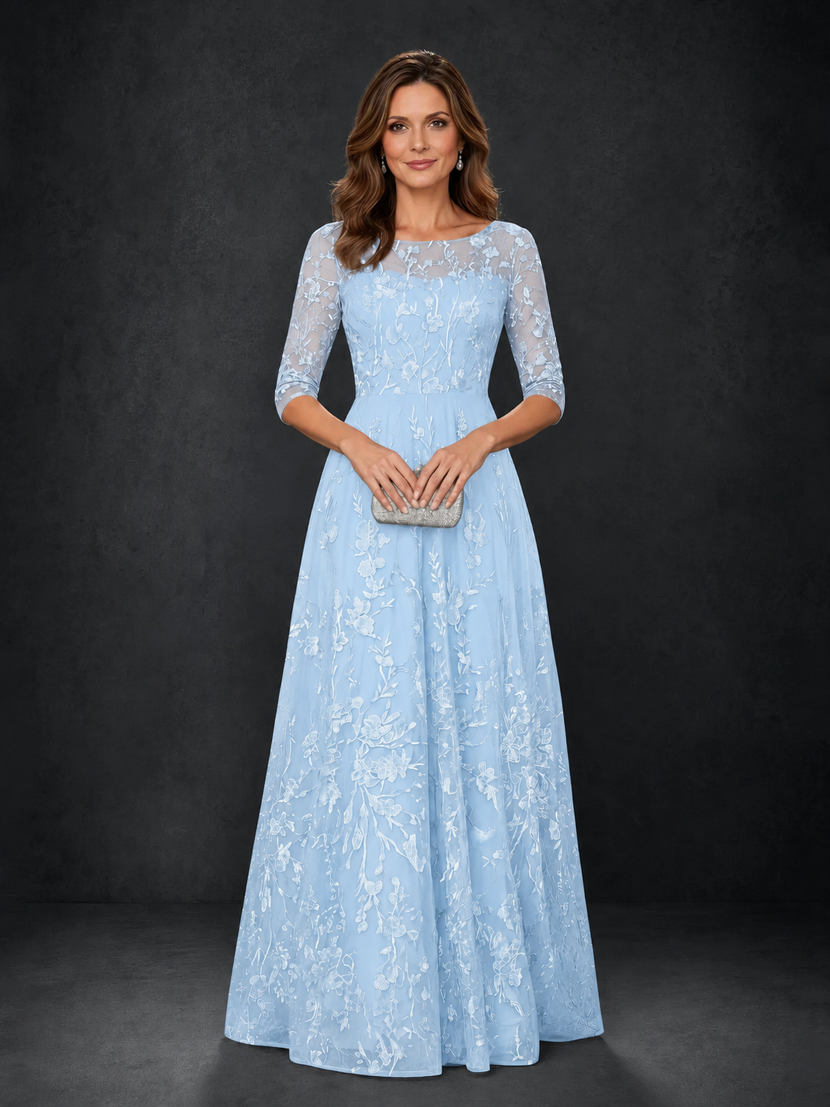 BOLODOO Wisteria LIght Blue Illusion Bateau Neck 3/4 Sleeve Floral Lace A-Line Mother of the Bride Dress MX007 - LIght Blue