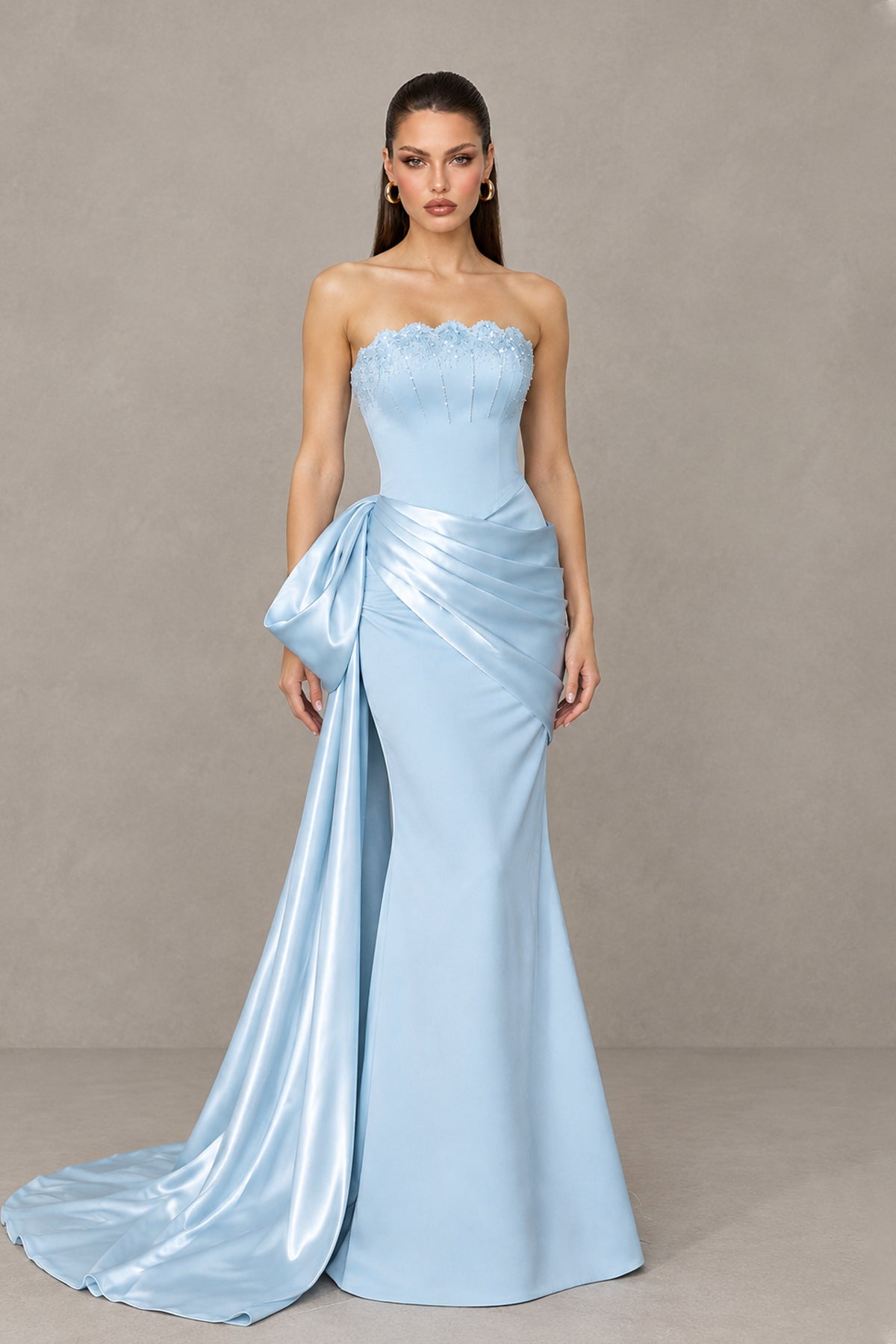 BOLODOO XX078 light blue strapless satin prom dress front view with draped waist and side train