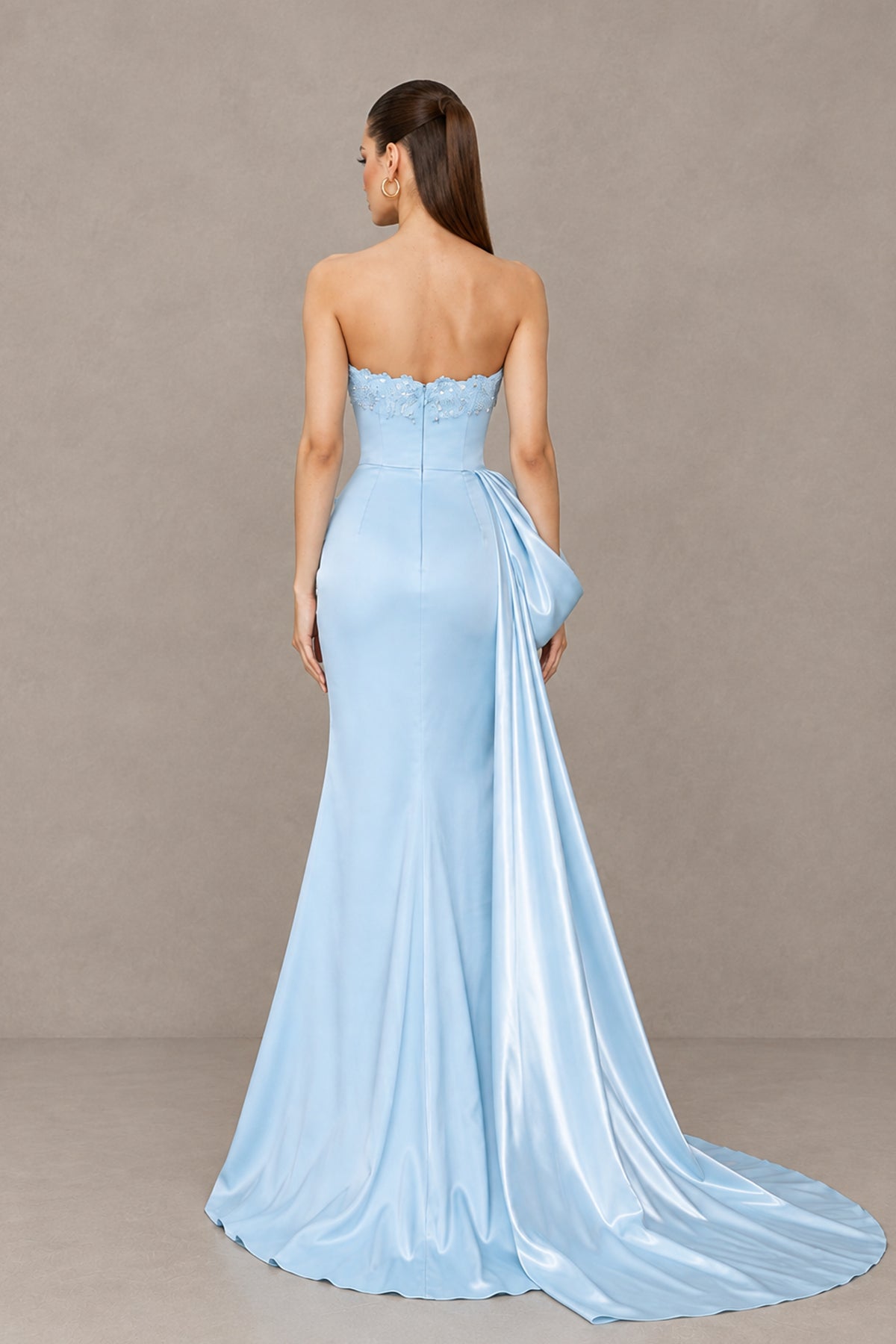 BOLODOO XX078 light blue evening gown three-quarter view showing cascading satin side drape