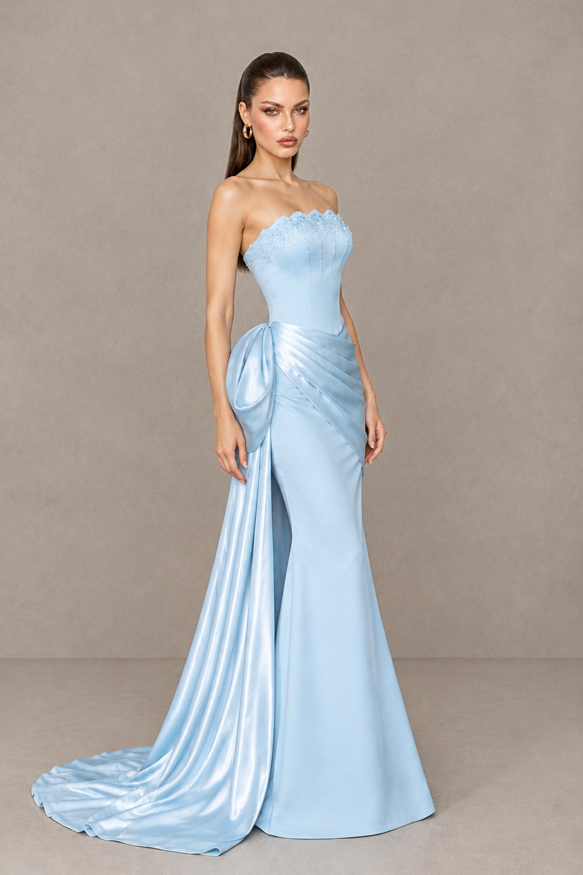 BOLODOO XX078 light blue strapless floor-length prom dress front walking view