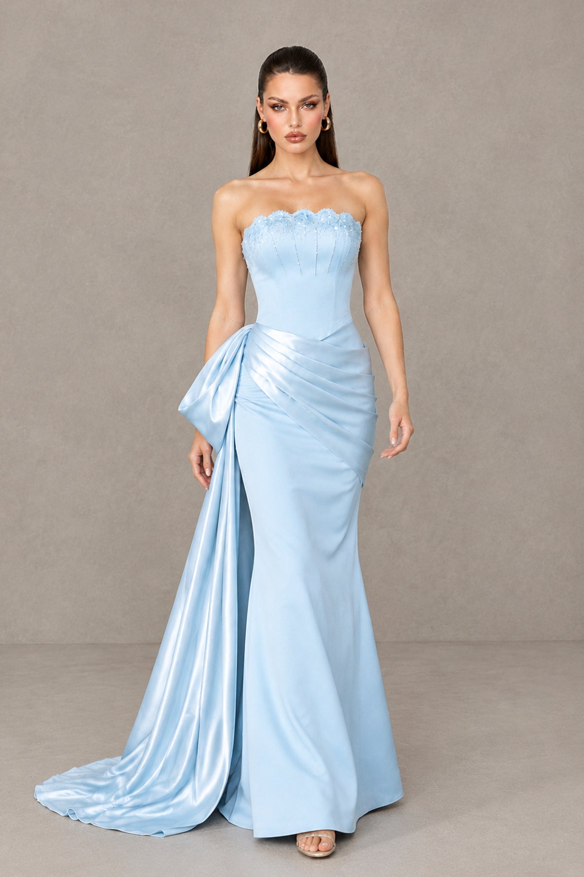 BOLODOO XX078 light blue satin gown back view with exposed upper back and sweeping train