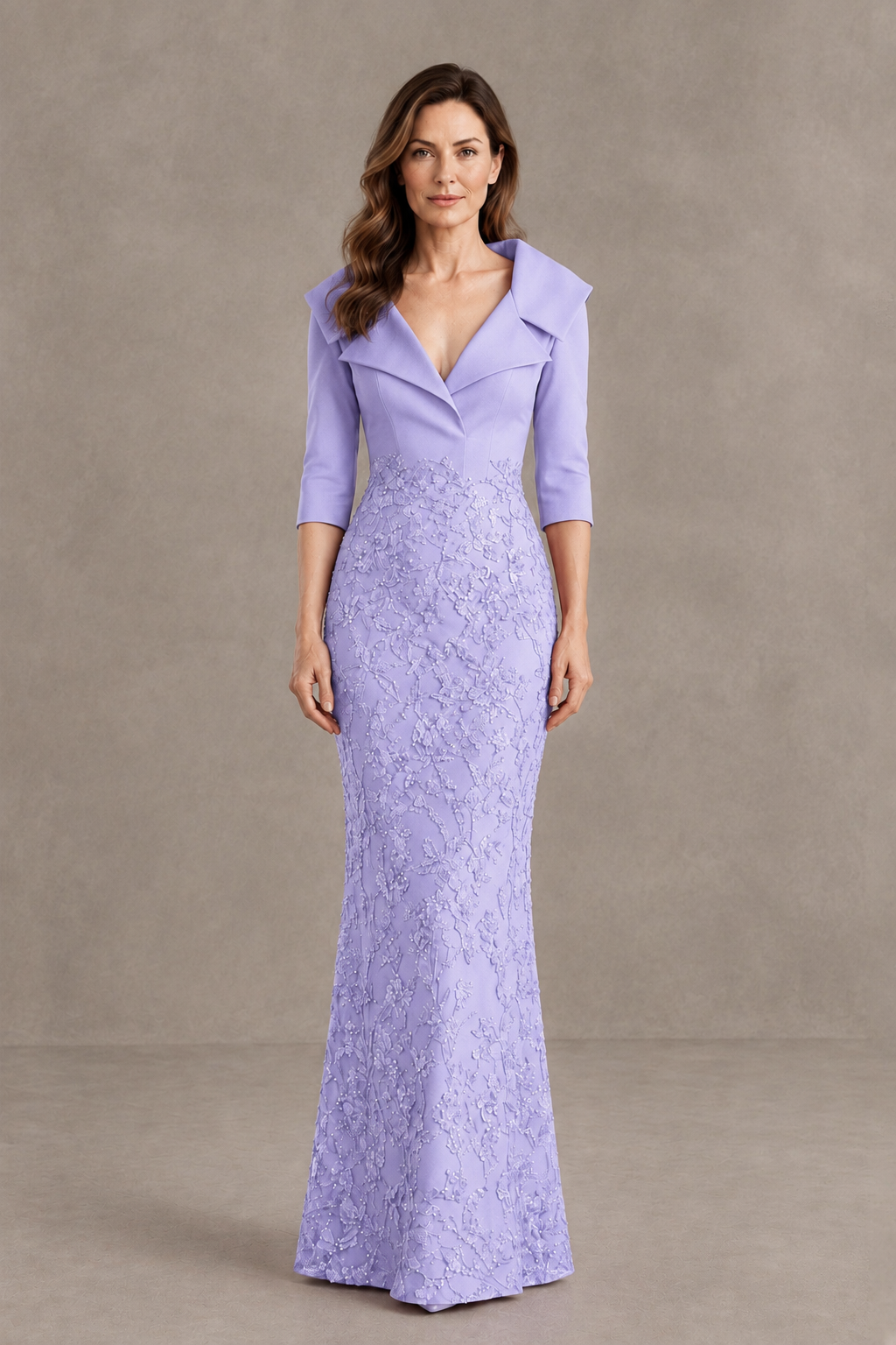BOLODOO Lavender Three-Quarter Sleeve Mermaid Evening Dress with Floral Detail - Lavender - Lavender_01