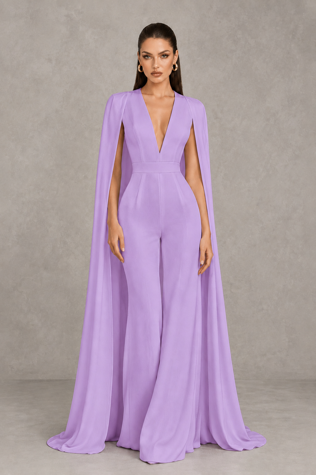 BOLODOO Lavender Deep V-Neck Cape Sleeve Bridal Jumpsuit - Lavender - Lavender_01