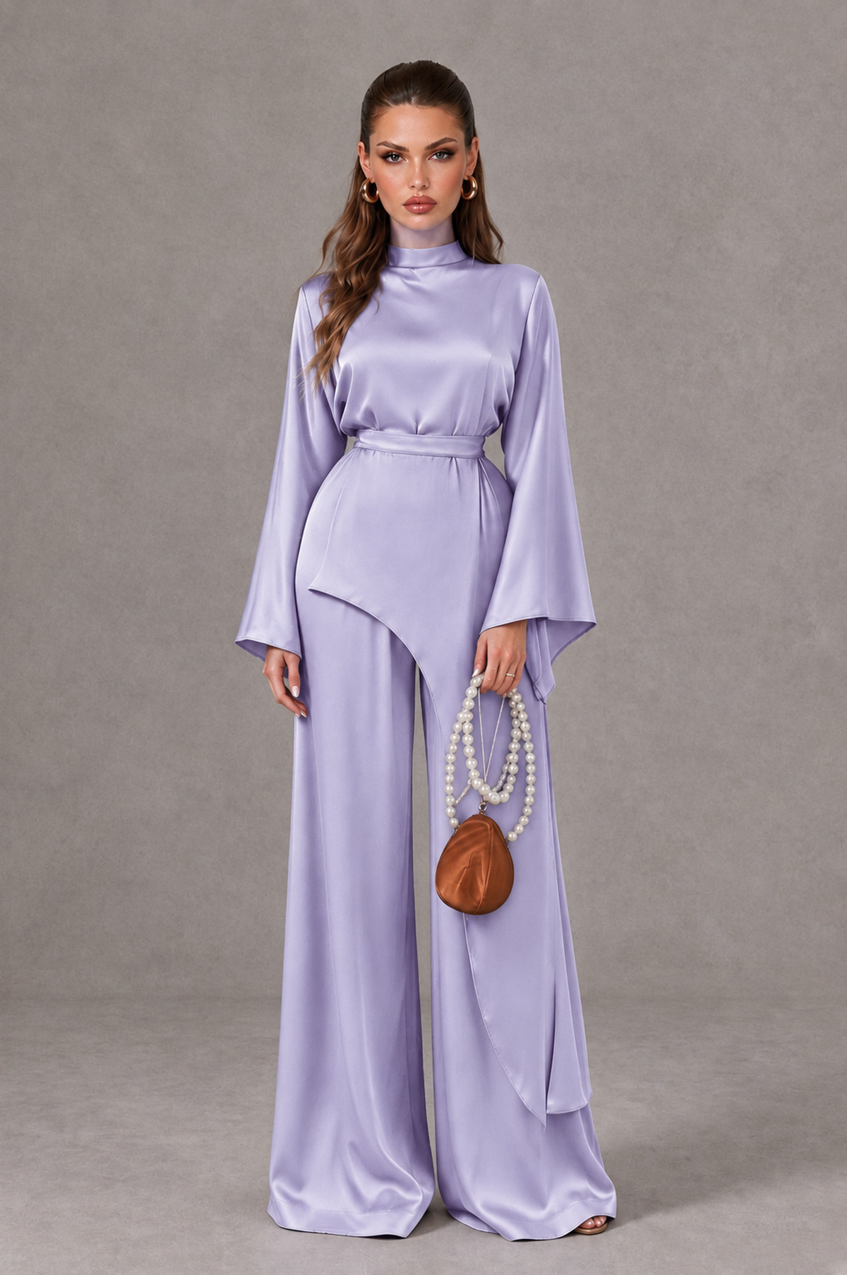 BOLODOO Lavender Satin-Look Long Sleeve Wide-Leg Jumpsuit - Lavender - Lavender_01