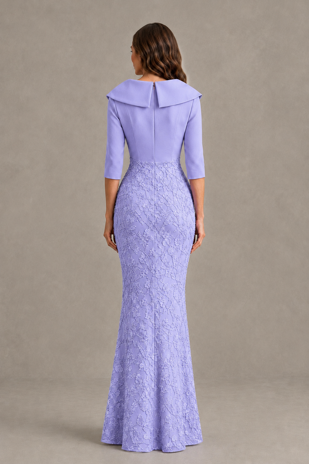 BOLODOO Lavender Three-Quarter Sleeve Mermaid Evening Dress with Floral Detail - Lavender - Lavender_02