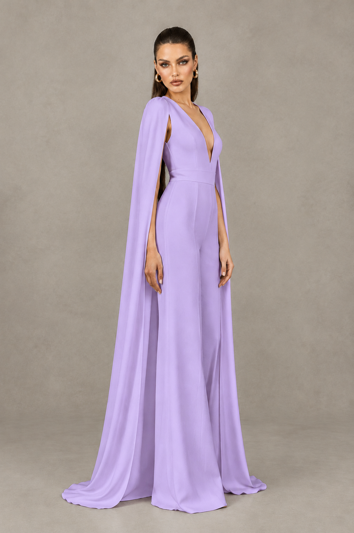 BOLODOO Lavender Deep V-Neck Cape Sleeve Bridal Jumpsuit - Lavender - Lavender_03