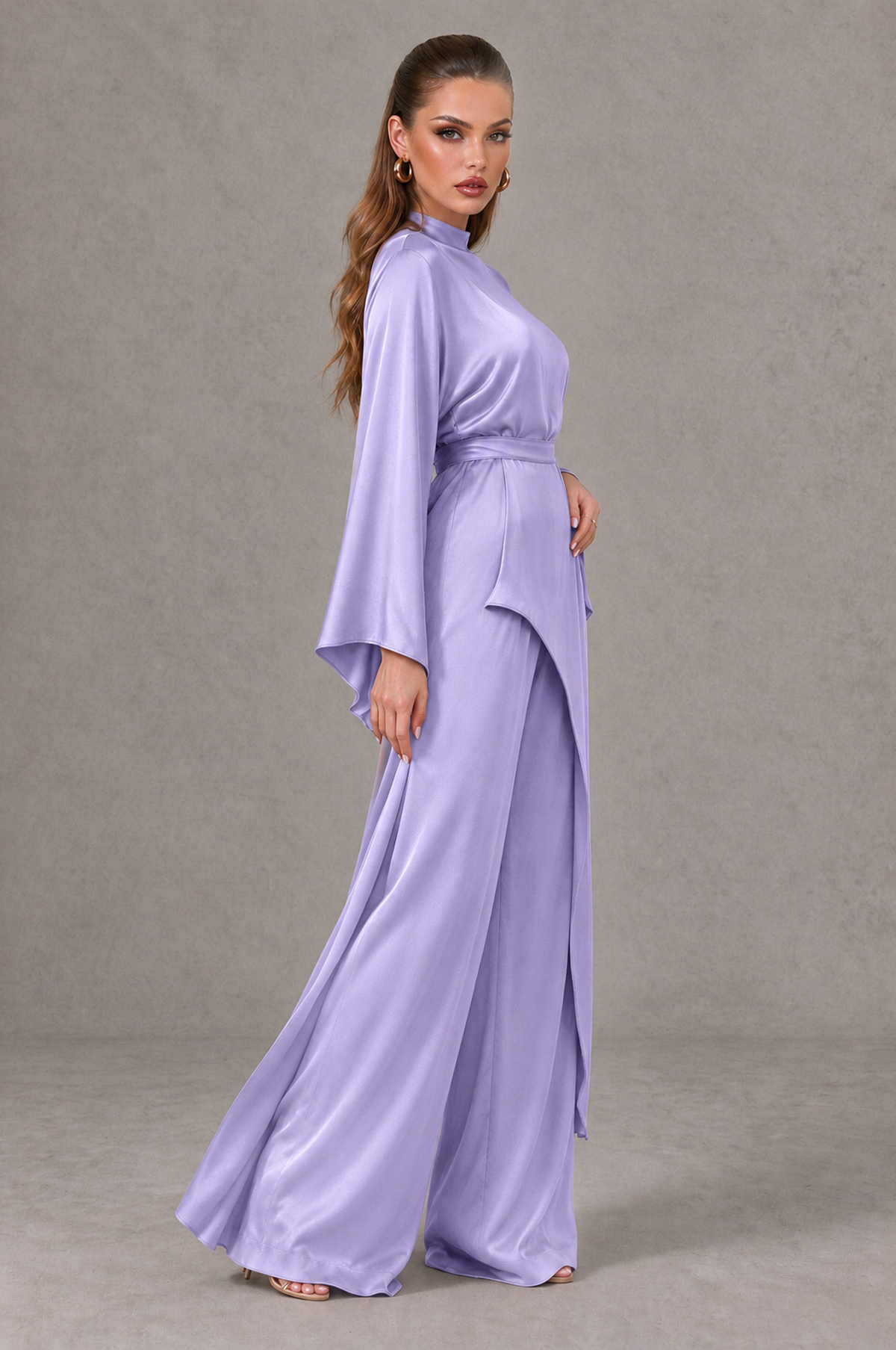 BOLODOO Lavender Satin-Look Long Sleeve Wide-Leg Jumpsuit - Lavender - Lavender_03