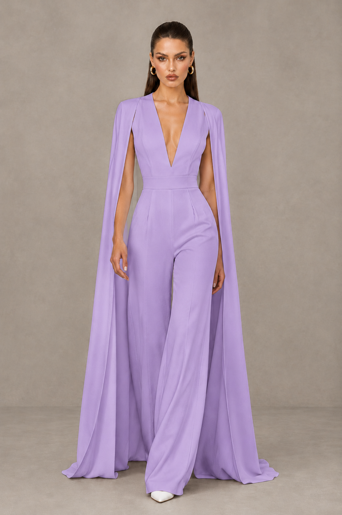 BOLODOO Lavender Deep V-Neck Cape Sleeve Bridal Jumpsuit - Lavender - Lavender_04
