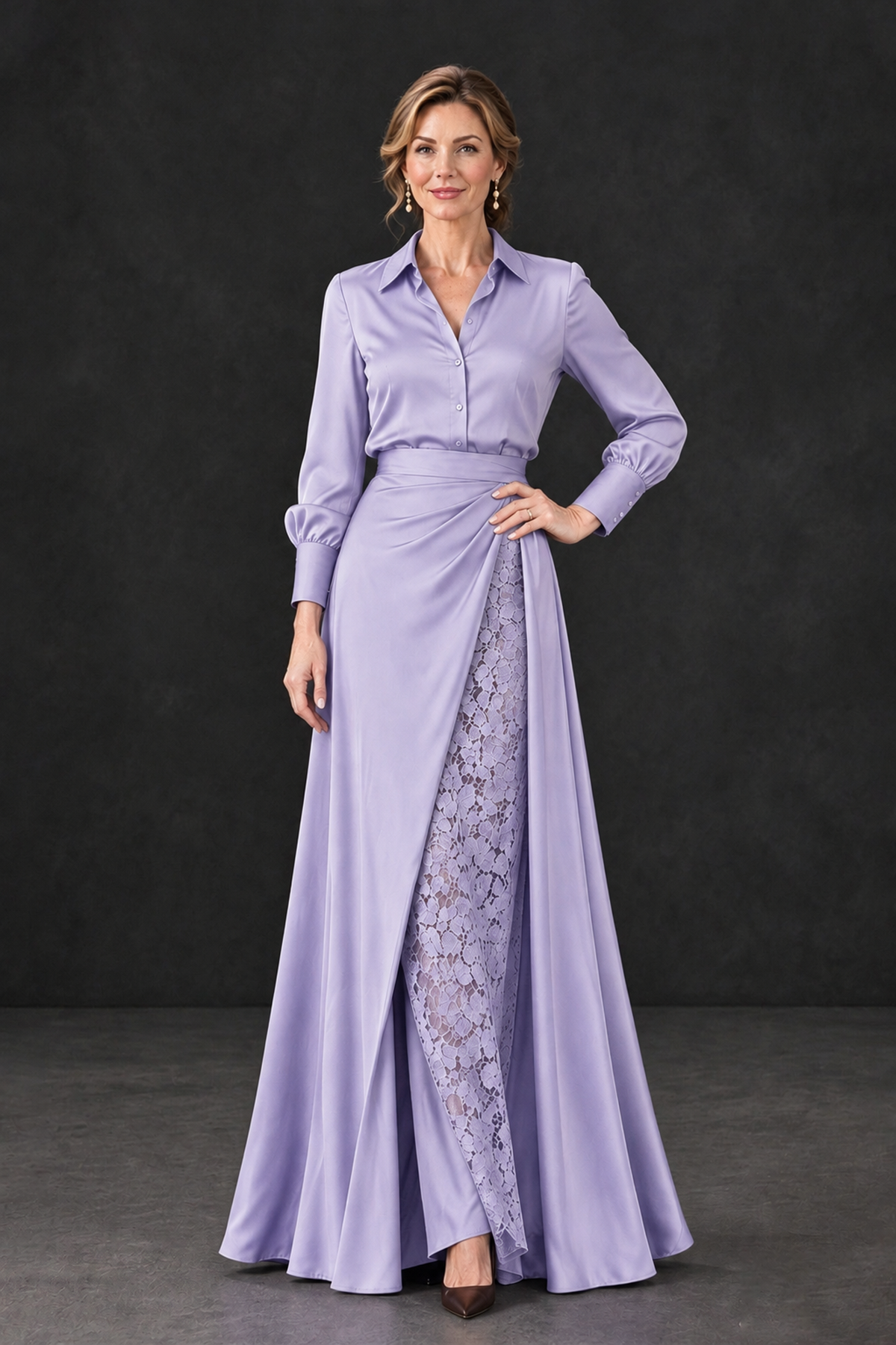 BOLODOO Lavender Long Sleeve Satin-Look Lace Panel Gown - Lavender - Lavender_1