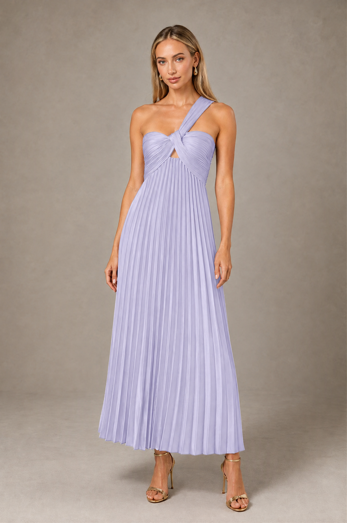BOLODOO Lavender One-Shoulder Twist Knot Pleated Satin Midi Dress with Cutout - Lavender - Lavender_1