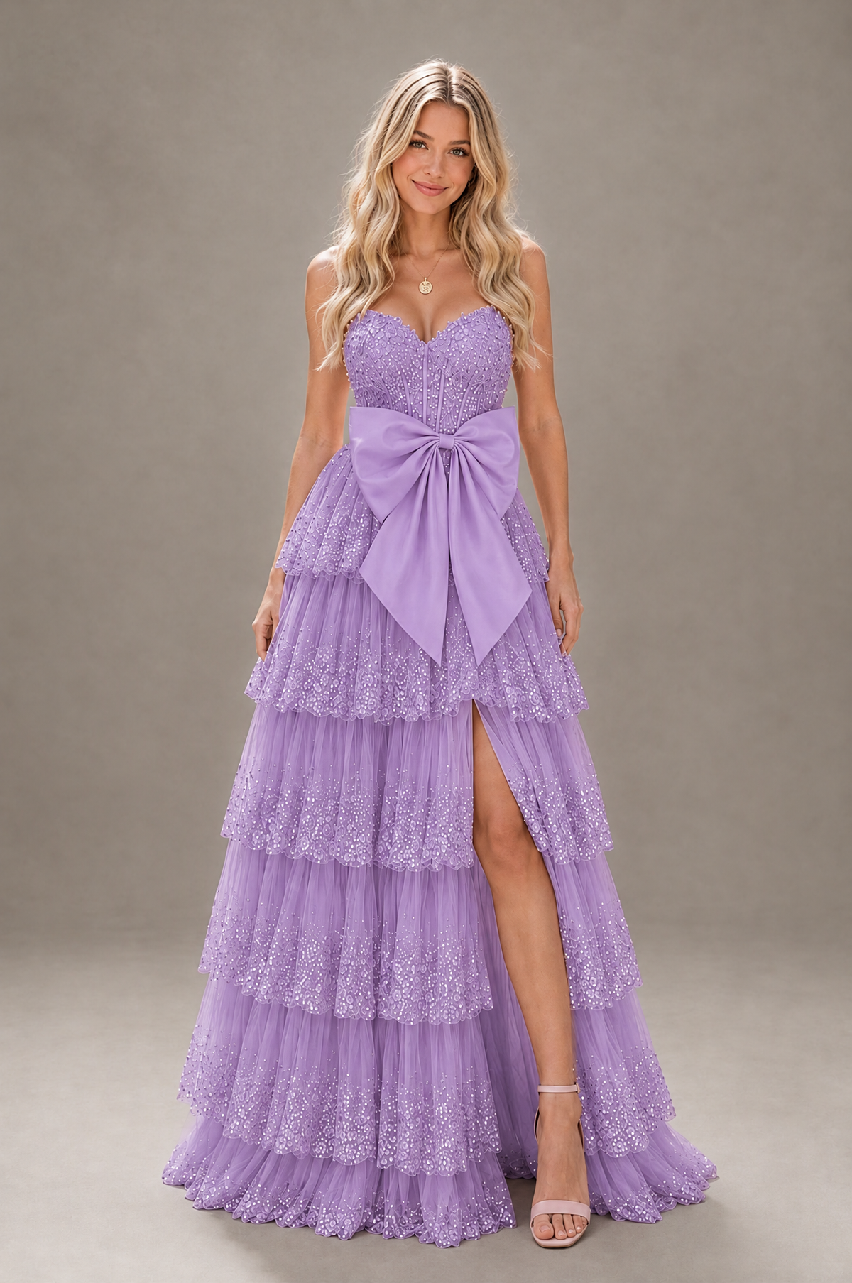 BOLODOO Lavender Strapless Tiered Tulle Prom Dress with Bow - Lavender - Lavender_1