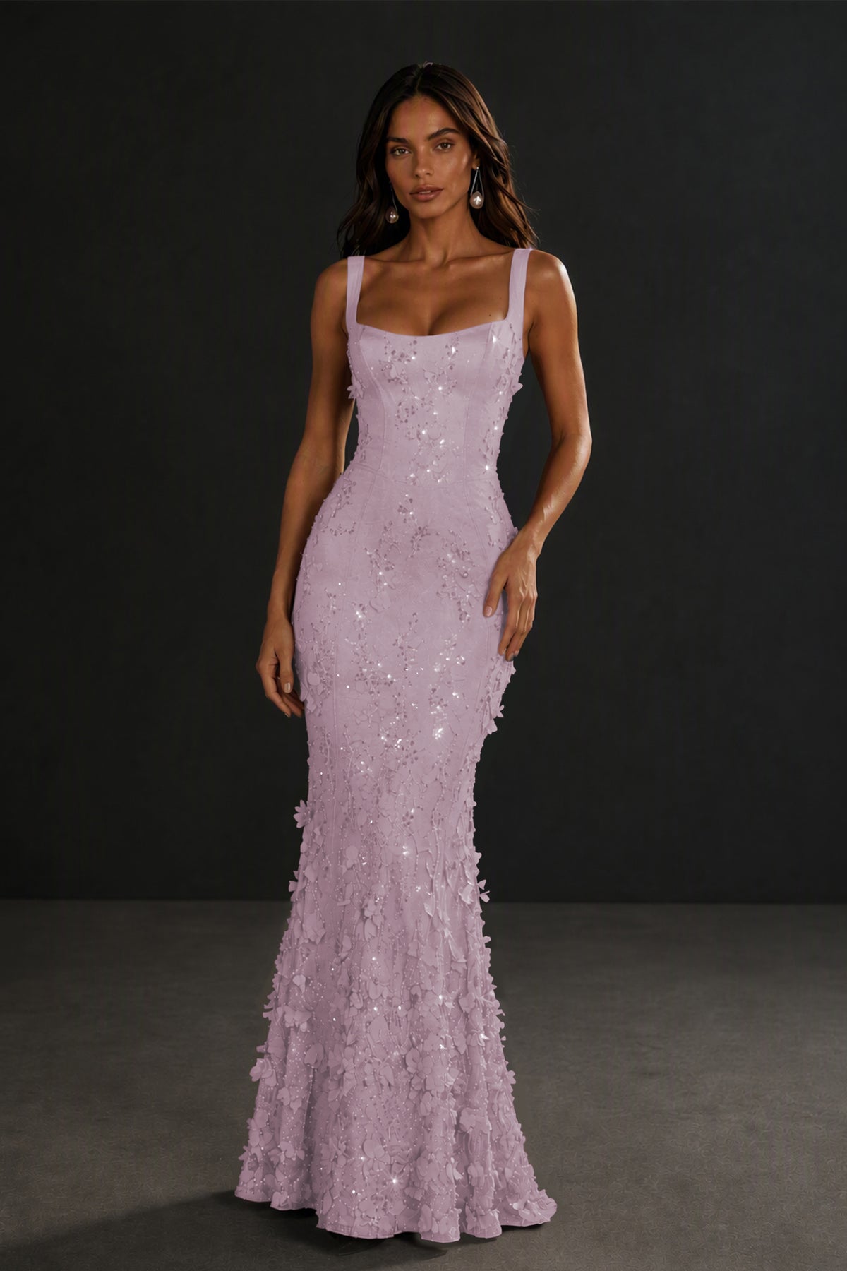 BOLODOO Lavender Sequin 3D Floral Mermaid Maxi Gown – Lace-Up Back Formal Dress - Lavender