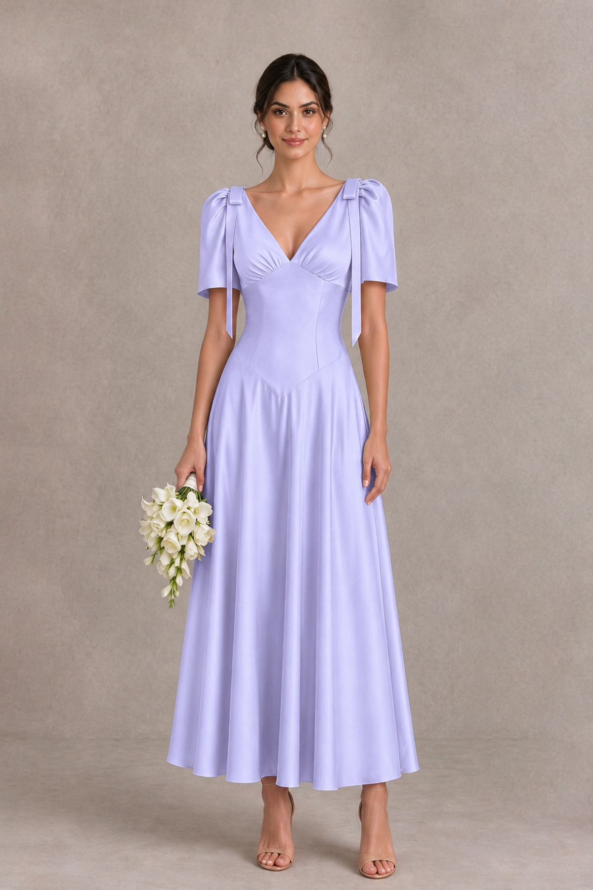 BOLODOO Lavender V-Neck Short Sleeve Satin-Look Bridesmaid Dress with Shoulder Bows - Lavender - Lavender_1