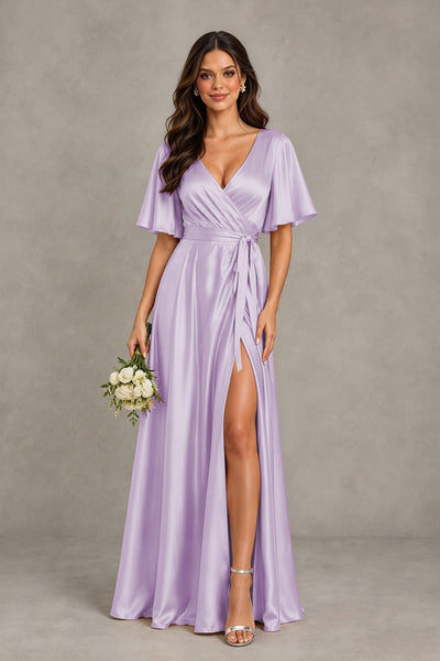 BOLODOO Lavender Satin V-Neck Flutter Sleeve Bridesmaid Dress with Slit - Lavender - Lavender(1)